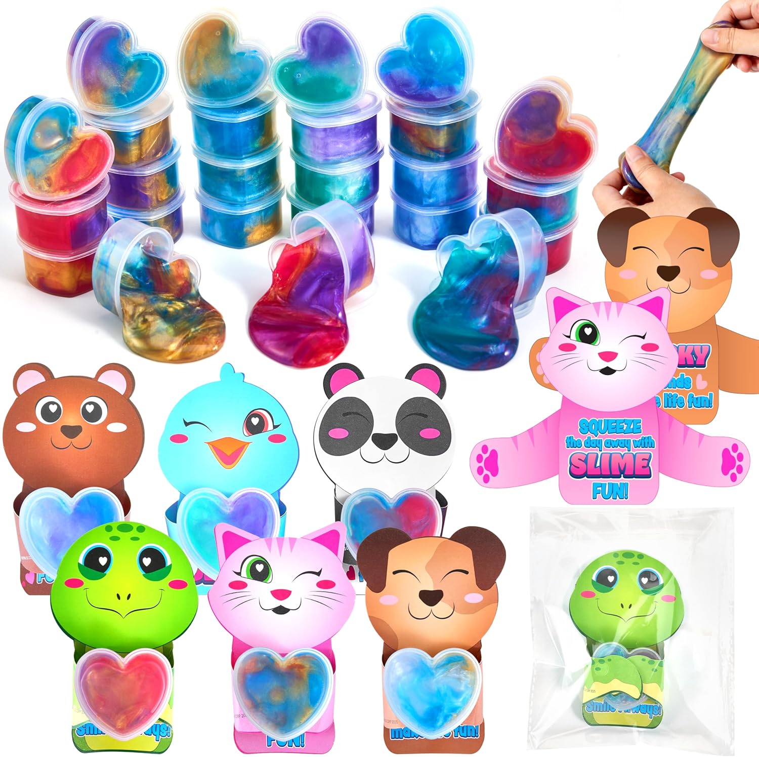 JOYIN 30 Pcs Valentines Day Galaxy Slime Toys with Cute Themed Cards, Slime Set Stress Relief Fidget with Heart Shaped Box, Valentines Day Gifts for Kids, Classroom Prize, Party Favors