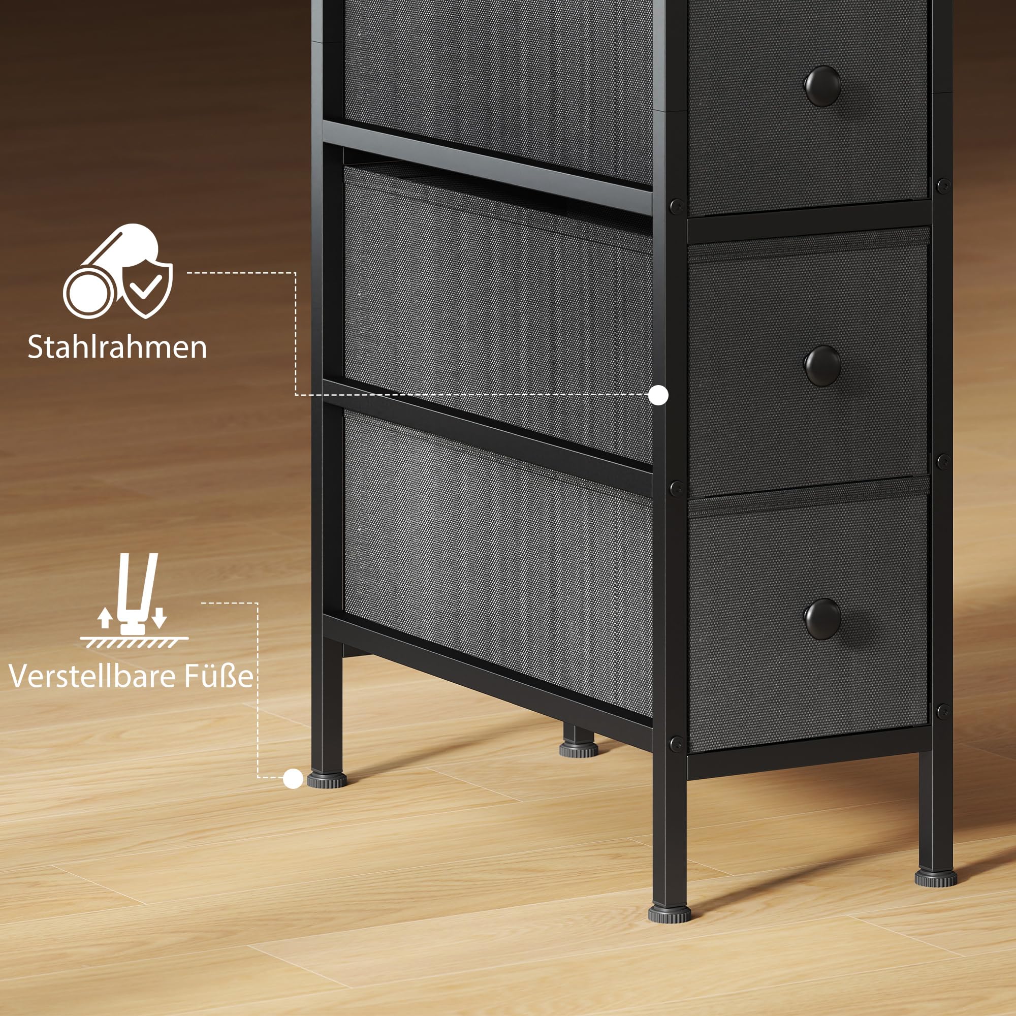 HOMCOM Kommode Schrank mit 4 Schubladen Schmal mit Stahlrahmen Schwarz