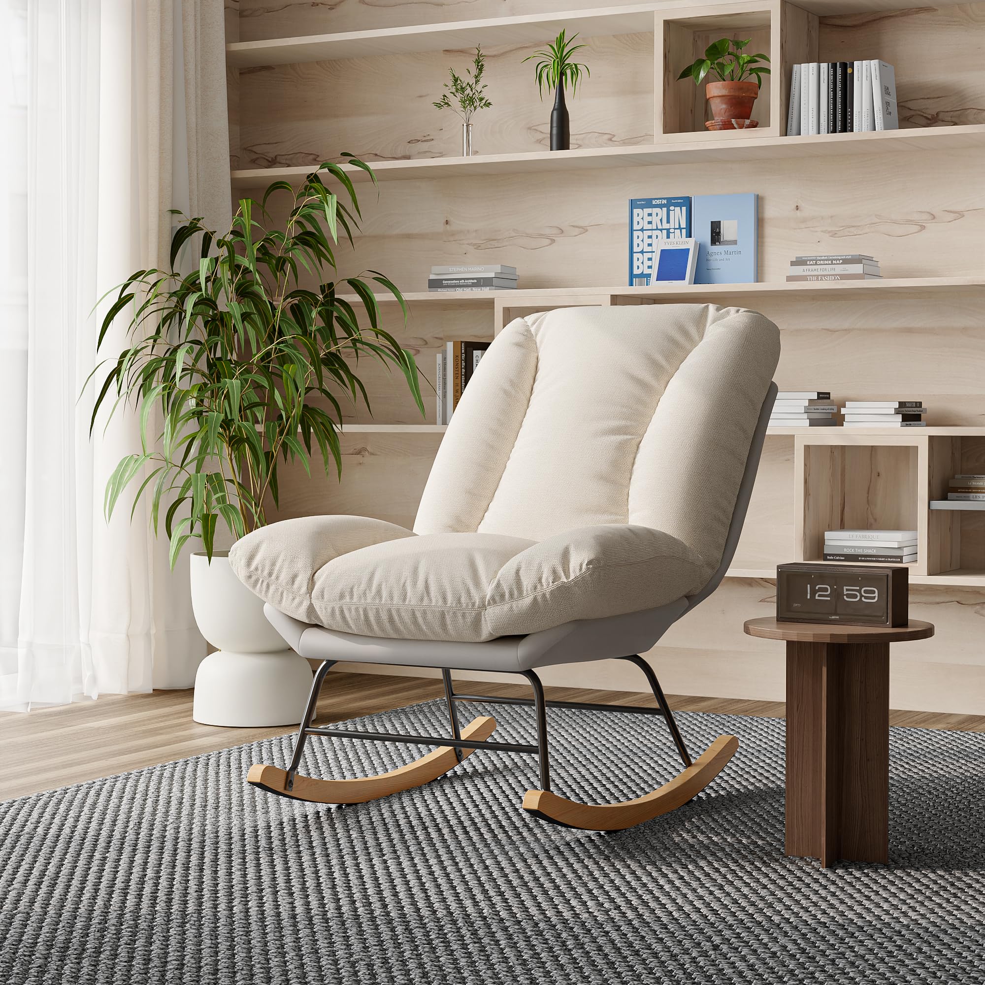 Fauteuil à Bascule, Rocking Chair, revêtement Bouclette, Fauteuils Allaitement, Chaise à Bascules, Fauteuil à Bascule Moderne, Rembourré en Tissu Beige, Cadre en Métal et Bois, Beige
