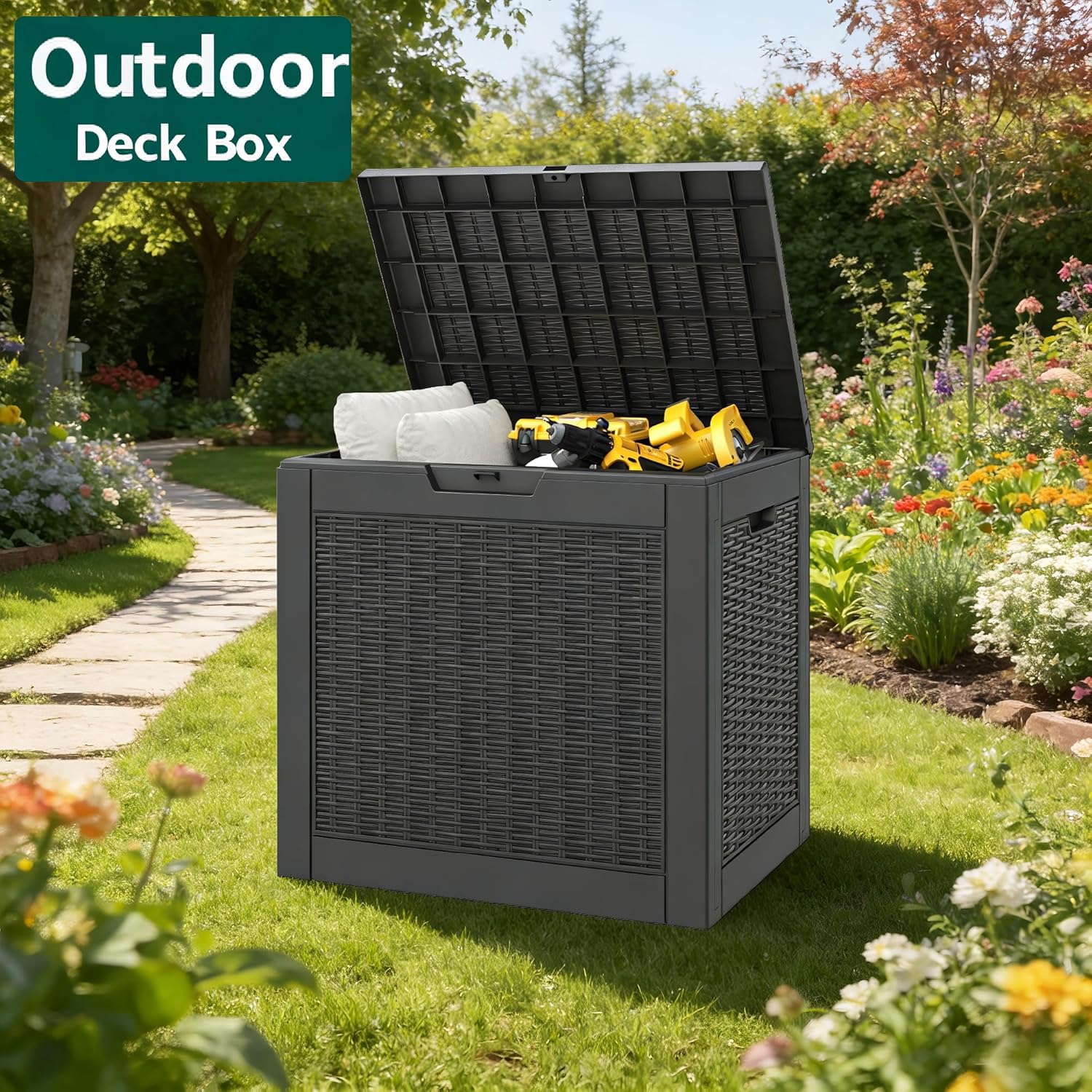 31 Gallon Outdoor Storage Box, Resin Deck Boxes Outdoor Waterproof For Patio Furniture, Garden Tools, Pool Supplies, Lockable And UV Resistant (Rattan Black)