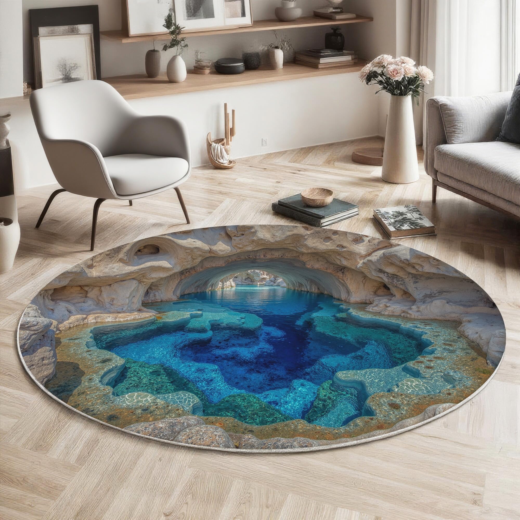 Tapis rond bleu 3D pour chambre et salon moderne ambiance piscine