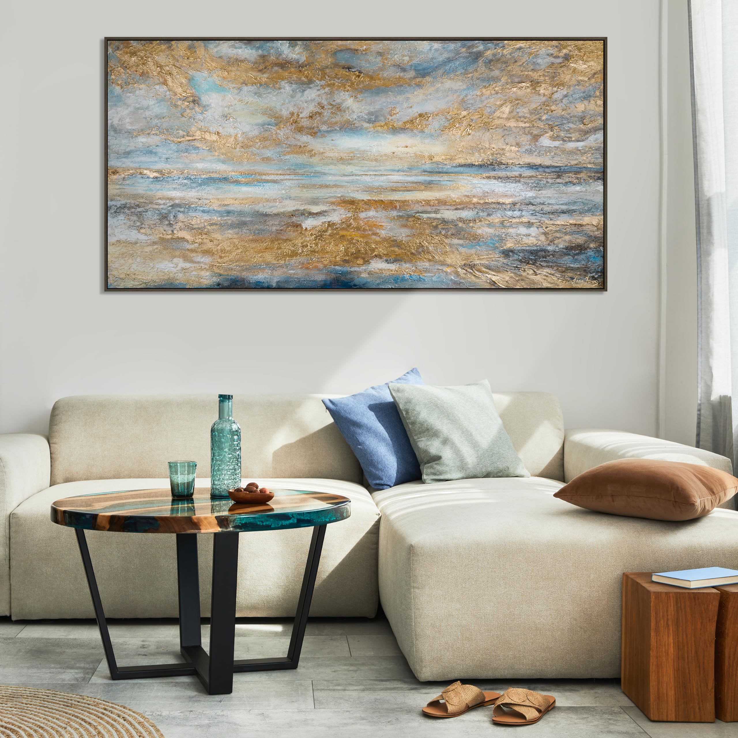 YS-Art Tableau fait à la main dans un cadre Baie d'or Paysage marin aube sur l'océan tons bleus et or Peinture abstraite Décoration 120x60 cm
