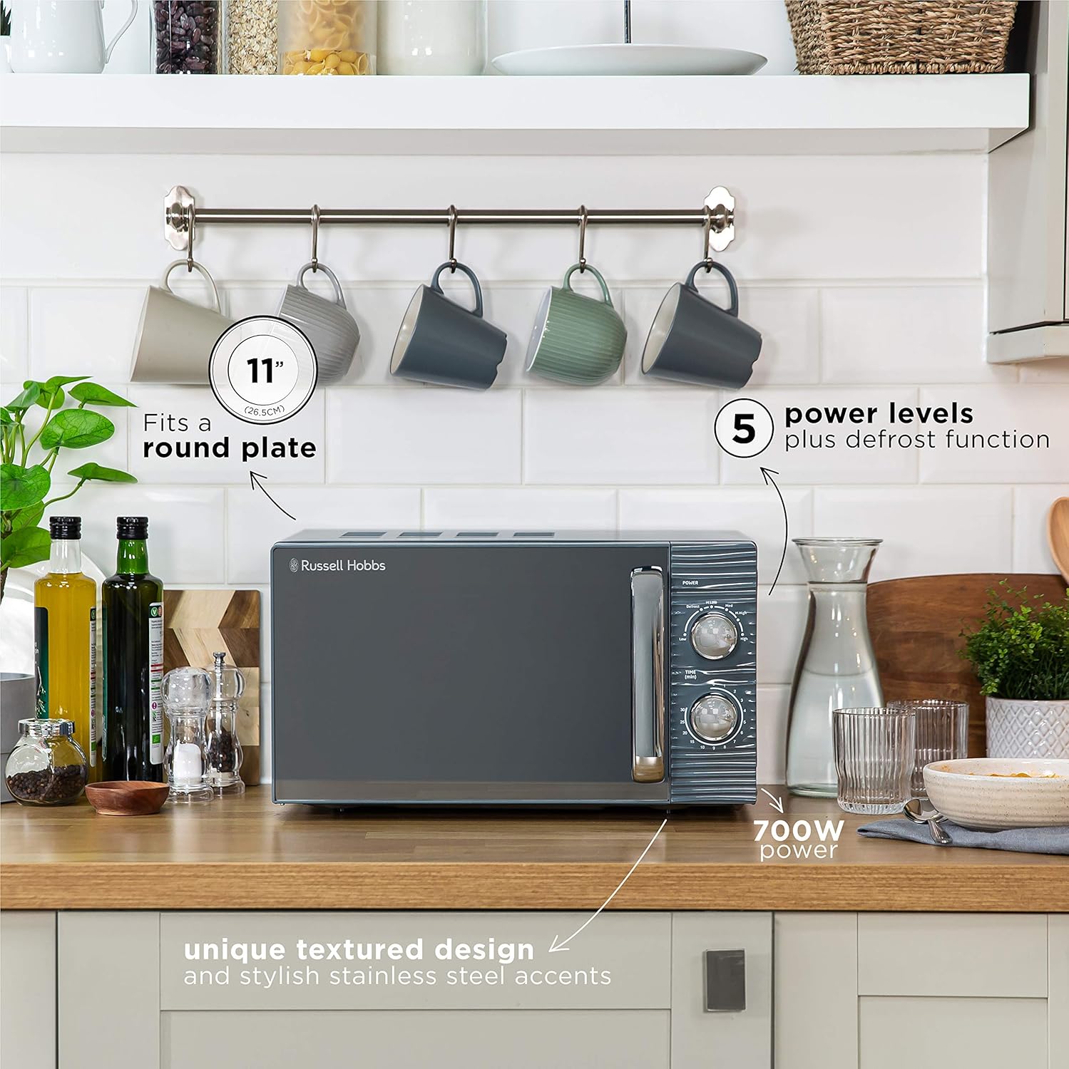 Russell Hobbs RHM1731G Inspire 17L 700w Grey Solo Manual Microwave with 5 Power Levels, Timer, Defrost Setting, Easy Clean