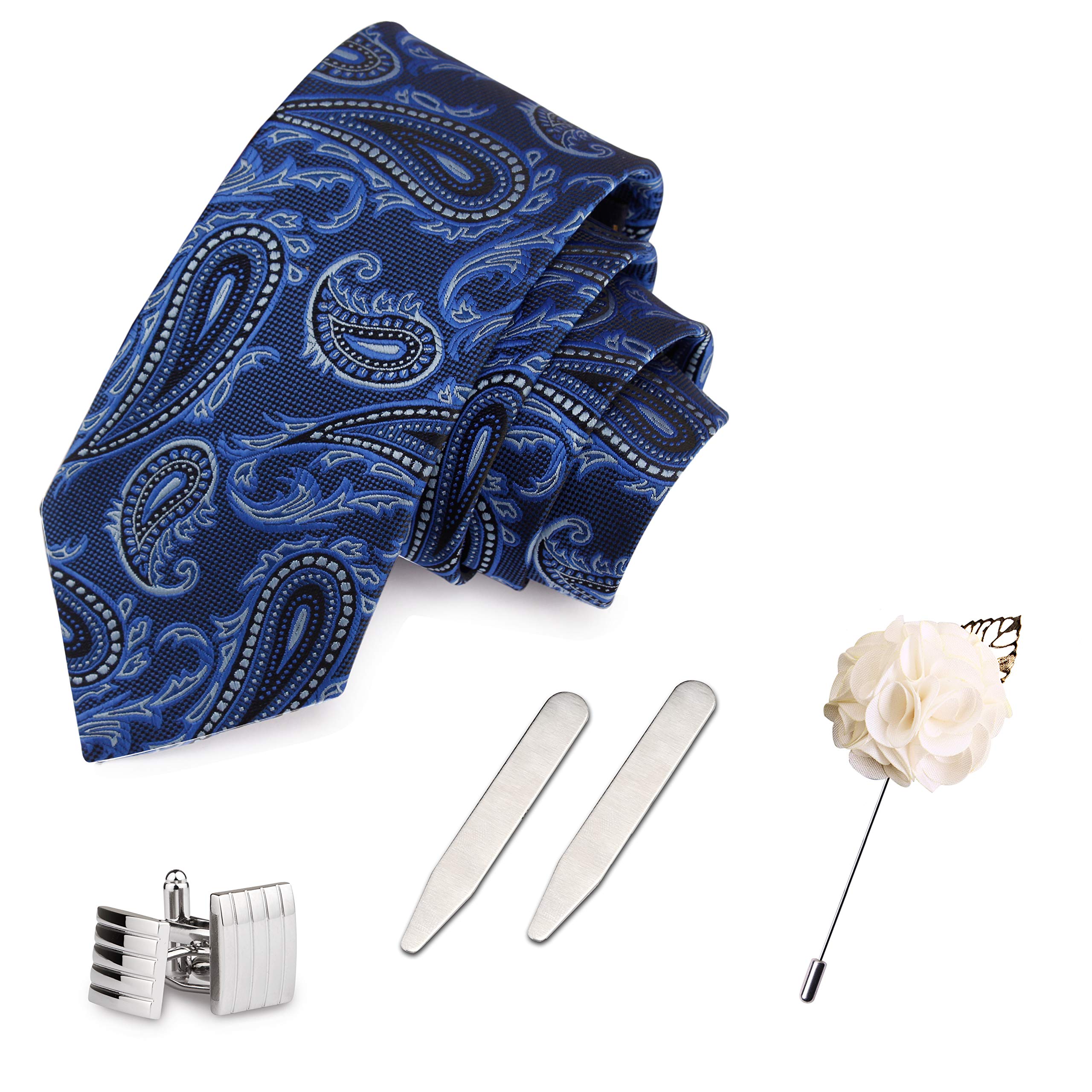 PELUCHEBeguiling Gift Box Includes 1 Neck Tie, 1 Brooch, 1 Pair of Cufflinks & 1 Pair of Collar Stays for Men