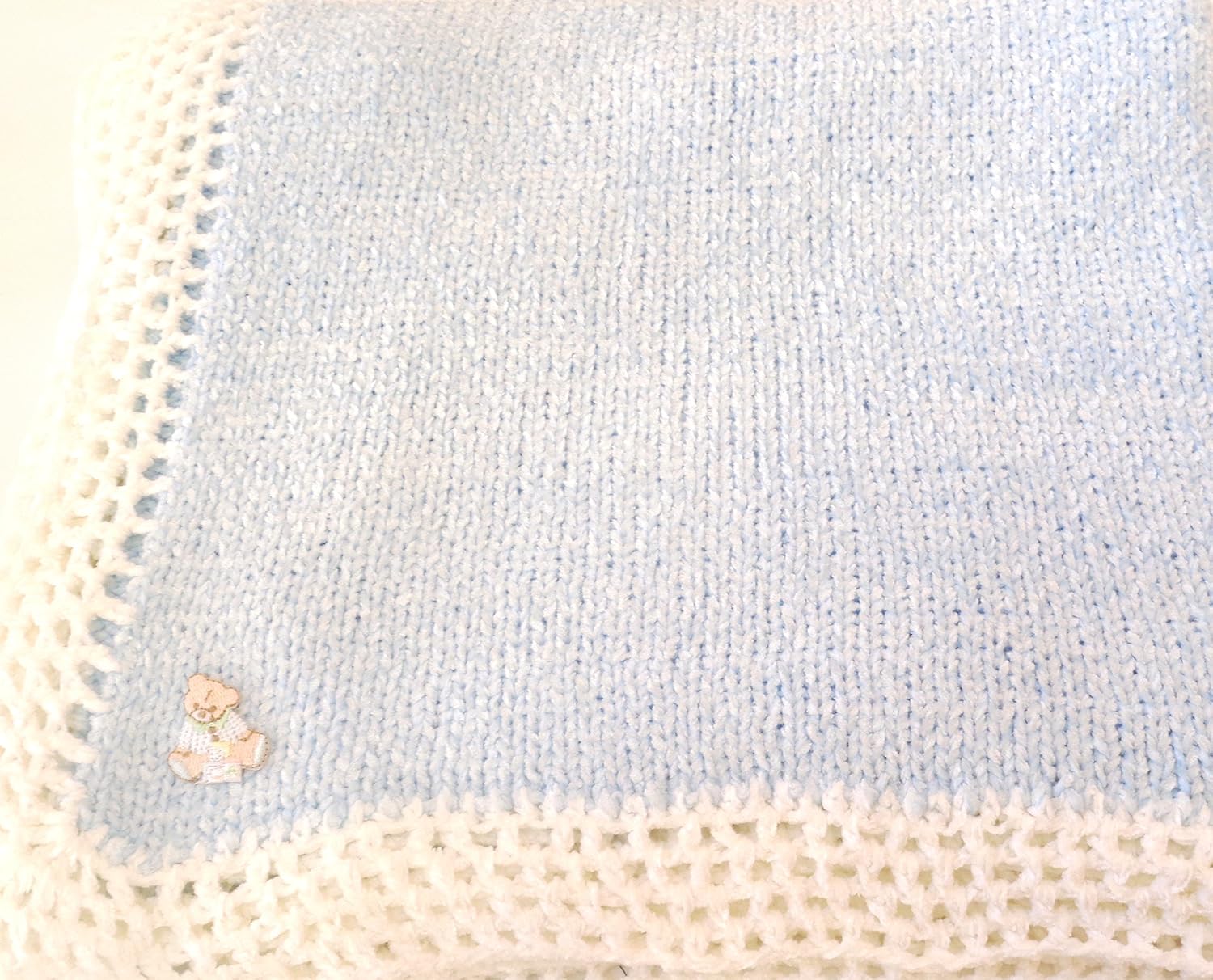 Knitted Crochet Finished Blue Chenille White Trim Baby Blanket White Teddy