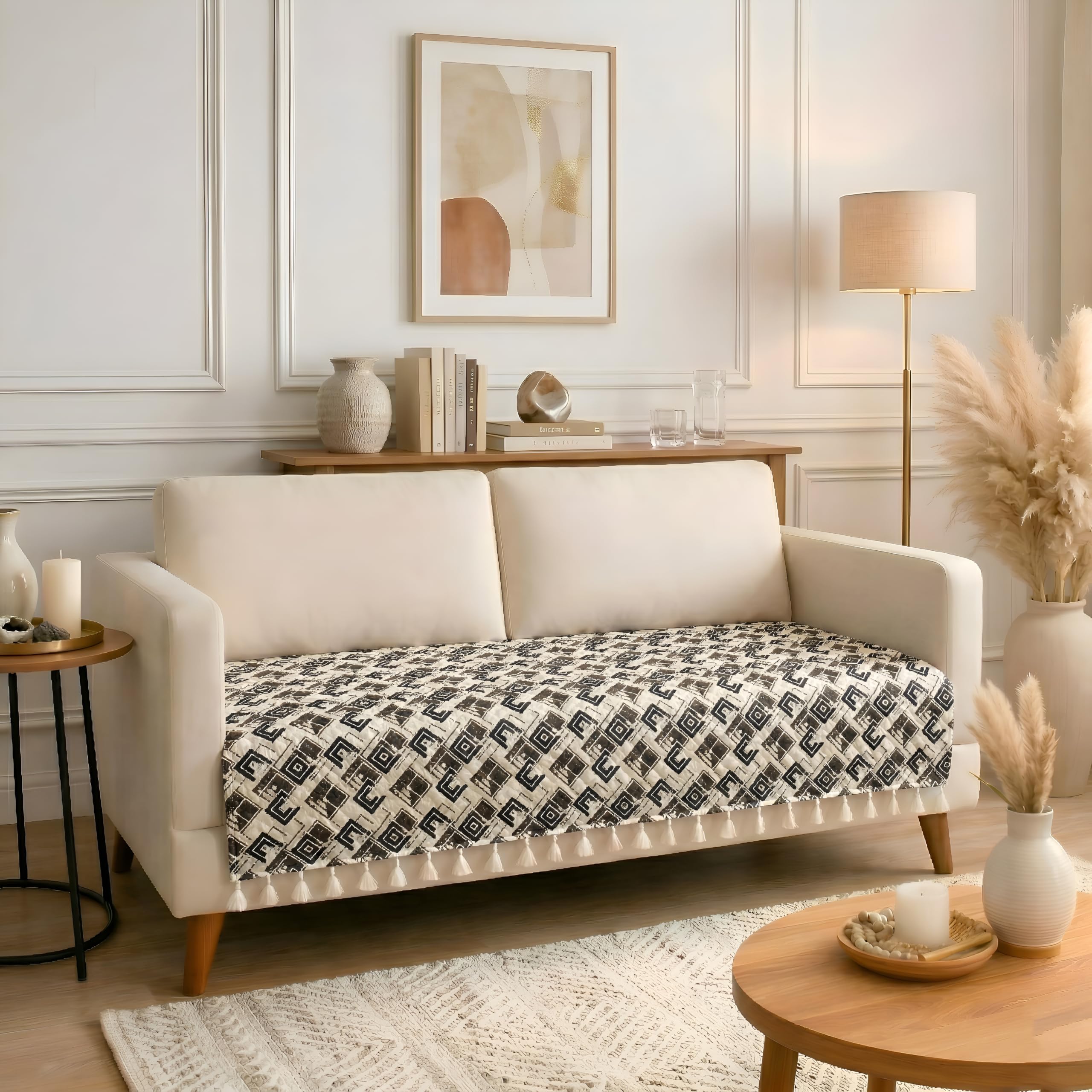 VAS COLLECTIONS 3 Seater Sofa Cover Quilted Velvet, Soft Washable Anti-Slip Sofa Protector with Tassels, Elegant Furniture Cover for Living Room Home Décor (Cream & Dark Brown)-image-3