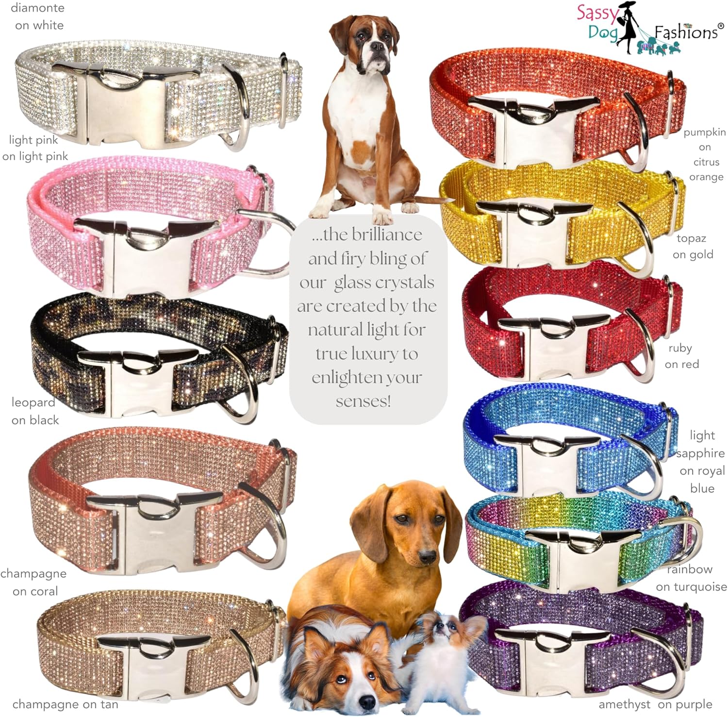 Handmade Personalized Crystal Rhinestone Dog Collar, Engraved Buckle-Crystal-Hardware Choice, Sparkle Bling Fashion Collars Large, Small, Medium Big Dogs Cats Boy – Sparkly Girl (1" W x 12-17" L)