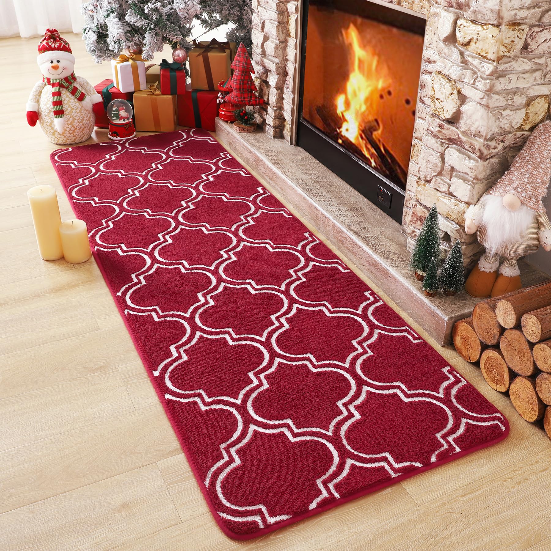 Chicrug Shag Geometric Modern Runner Rug for Bedroom, 2x6 Feet Memory Foam Indoor Hallway Runner Carpet, Fluffy Rug for Living Room Bedside Room Decor for Family, Wine Red/White