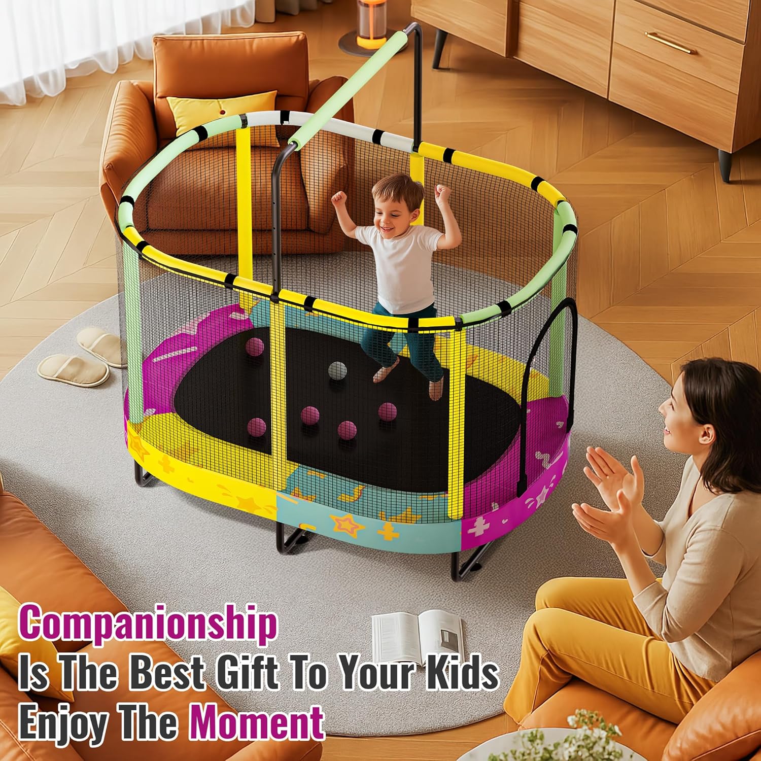 Lamerge Kids Trampoline, Indoor Trampoline Approved by ASTM, Safety Enclosure Net and Adjustable Handrail, 1-8 Children, 500lbs Capacity, 7-in-1, 60"
