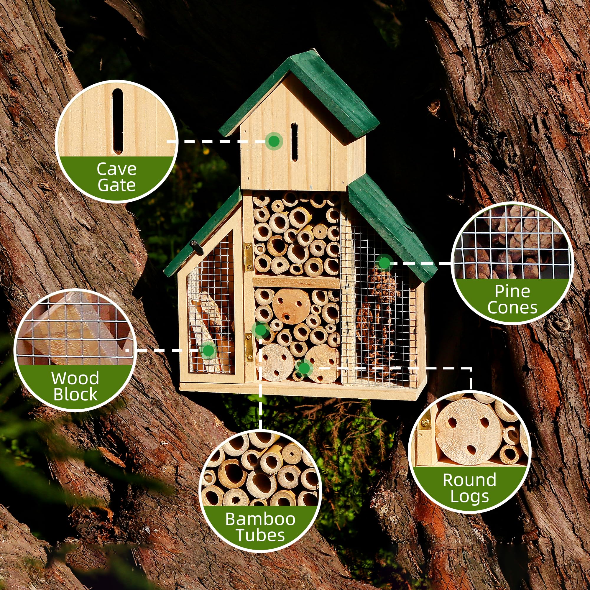 3-lagiges Insektenhaus aus Holz mit grünem Dach, mehrere Räume und Kapazität, Insektenhotel, ein hängender Lebensraum für Bienen, Schmetterling, Marienkäfer, Bienenkiste
