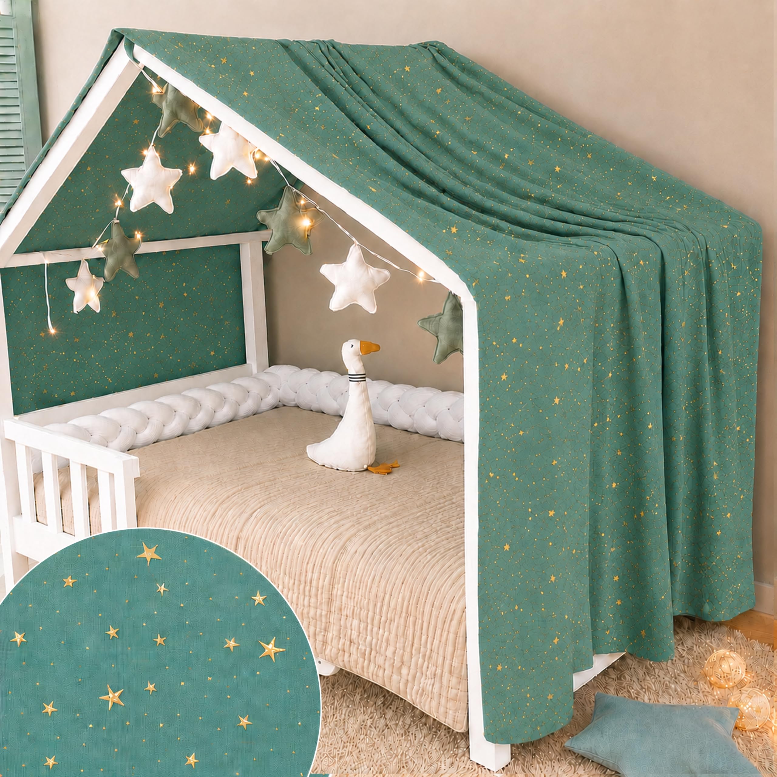 YellowNest Toile de Lit Cabane - Ciel de Lit Cabane 90x190 cm ou 90x200 cm - 100% Mousseline de Coton - sans Guirlande (Eucalyptus, 130 x 400 cm)
