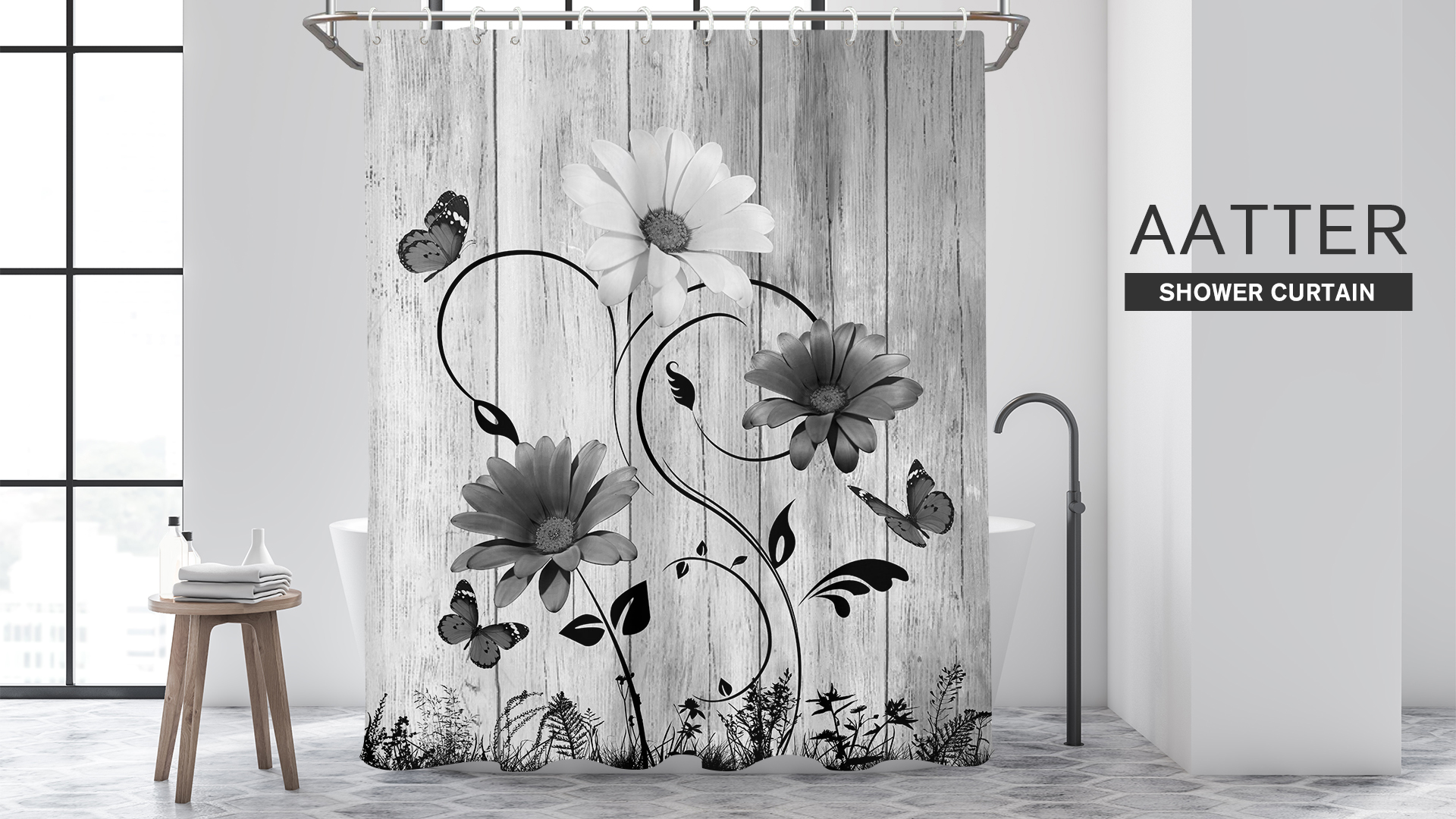 Lotus Shower Curtain - Black & White Floral Print Bathroom Decor Set With Hooks, 70x70 Inches - View #6