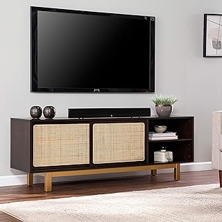 Unknown1 Transitional Brown Wood Media Stand Gold Natural Rattan Finish Adjustable Shelving Includes Hardware,White,2XL