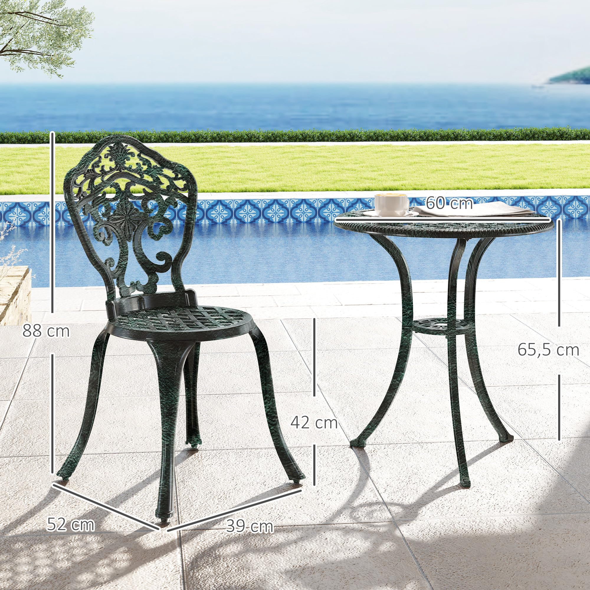 Outsunny Ensemble bistrot pour Jardin en Aluminium Salon de Jardin 3 pièces 2 chaises + 1 Table Ronde Imitation Fer forgé Vert
