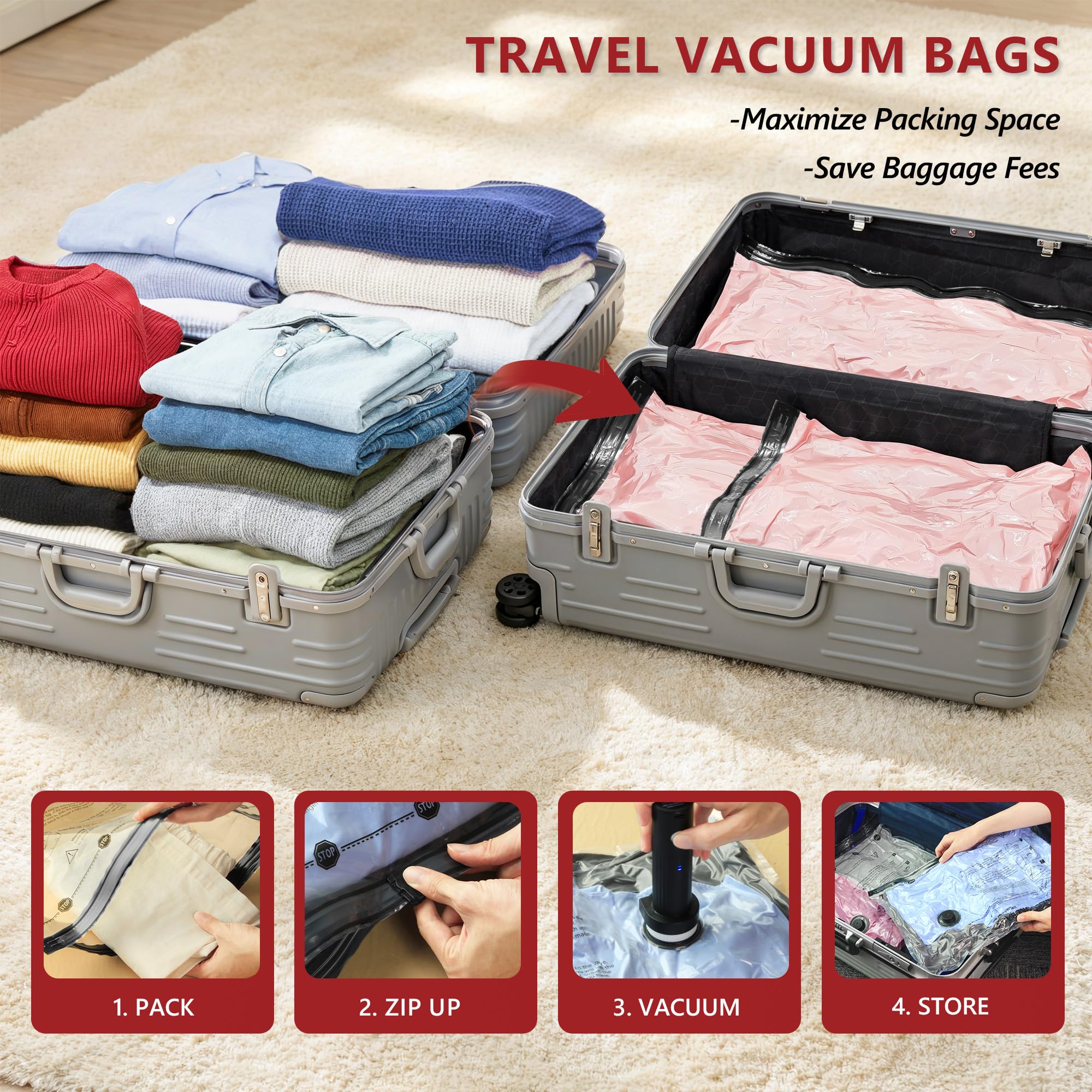 Travel Vacuum Bags for Clothing with Cordless Pump 18 Combo, Pink view 2