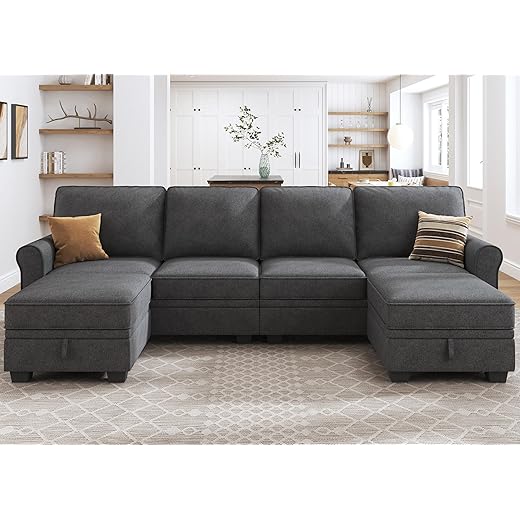 HONBAY Convertible Sectional Sofa with Storage Seat U Shaped Sectional Couch with Reversible Chaise 6 Seat Sofa for Living Room,Dark Grey