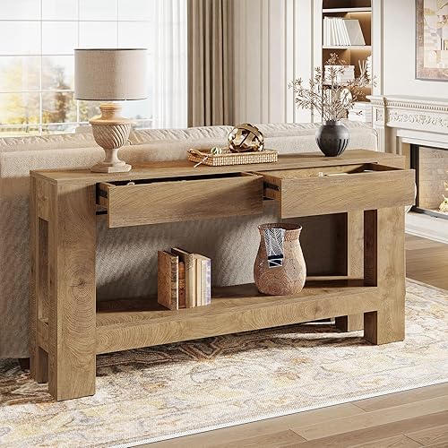 Miniatura 7 de Tribesigns Mesa consola de 63 pulgadas con 2 cajones, mesa de entrada de granja con estante de almacenamiento y patas resistentes, mesa de sofá de