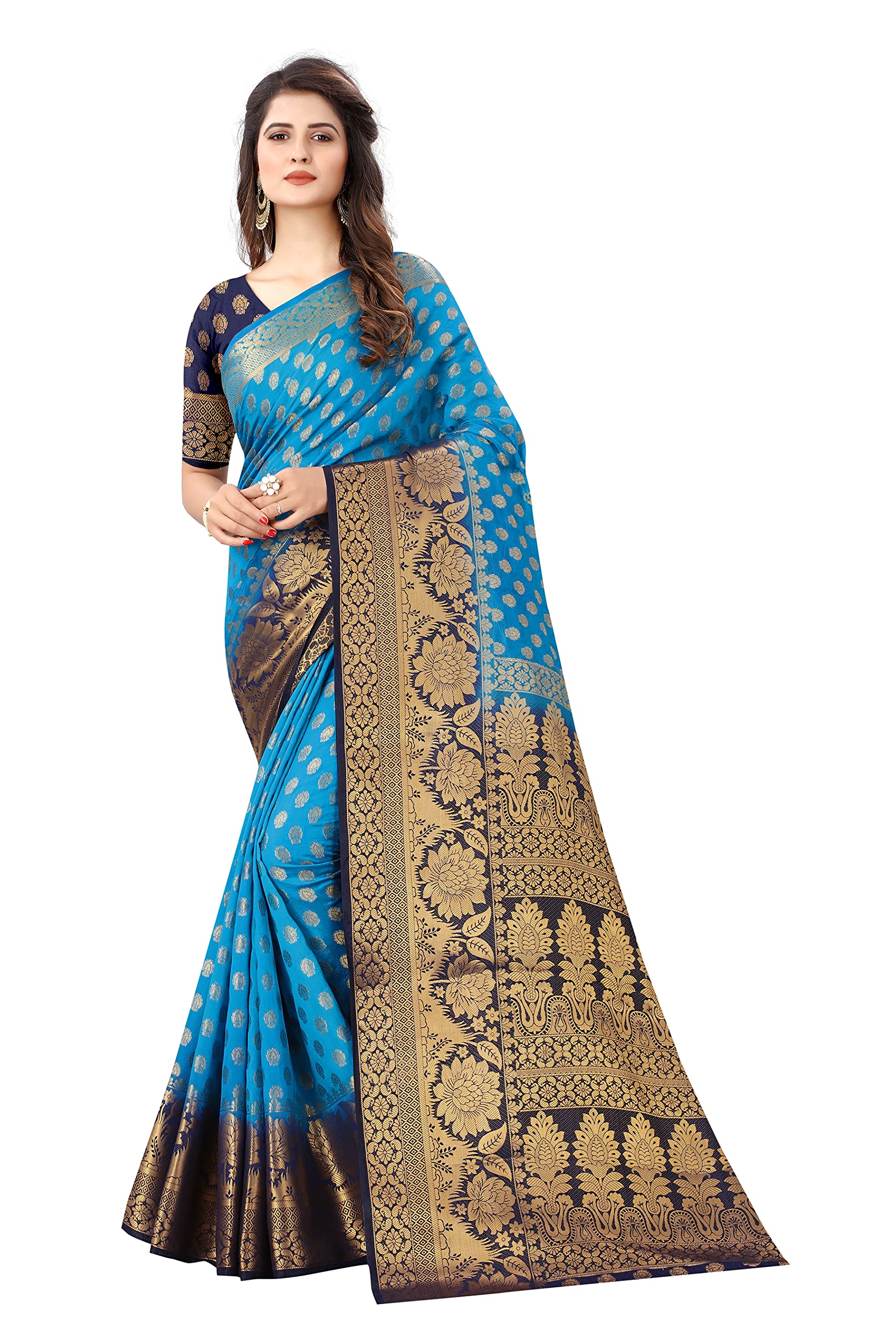 satyam weaves women's ethnic wear banarasi jacquard cotton silk firozi colour saree. (Yukti Firozi)