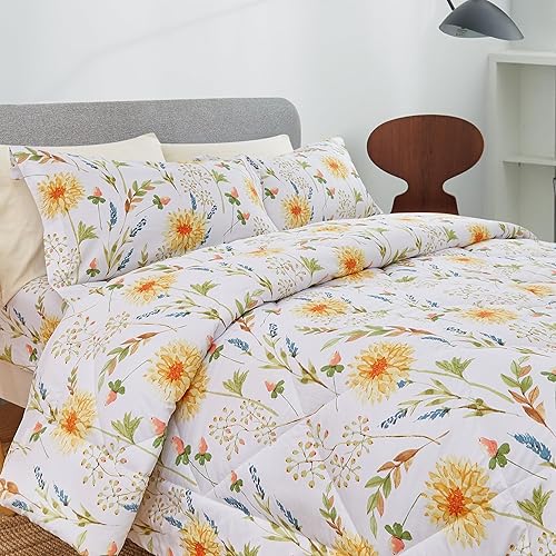 JSD Juego de edredón de 3 piezas con estampado floral amarillo, tamaño King, edredón ligero de microfibra botánica para todas las estaciones con