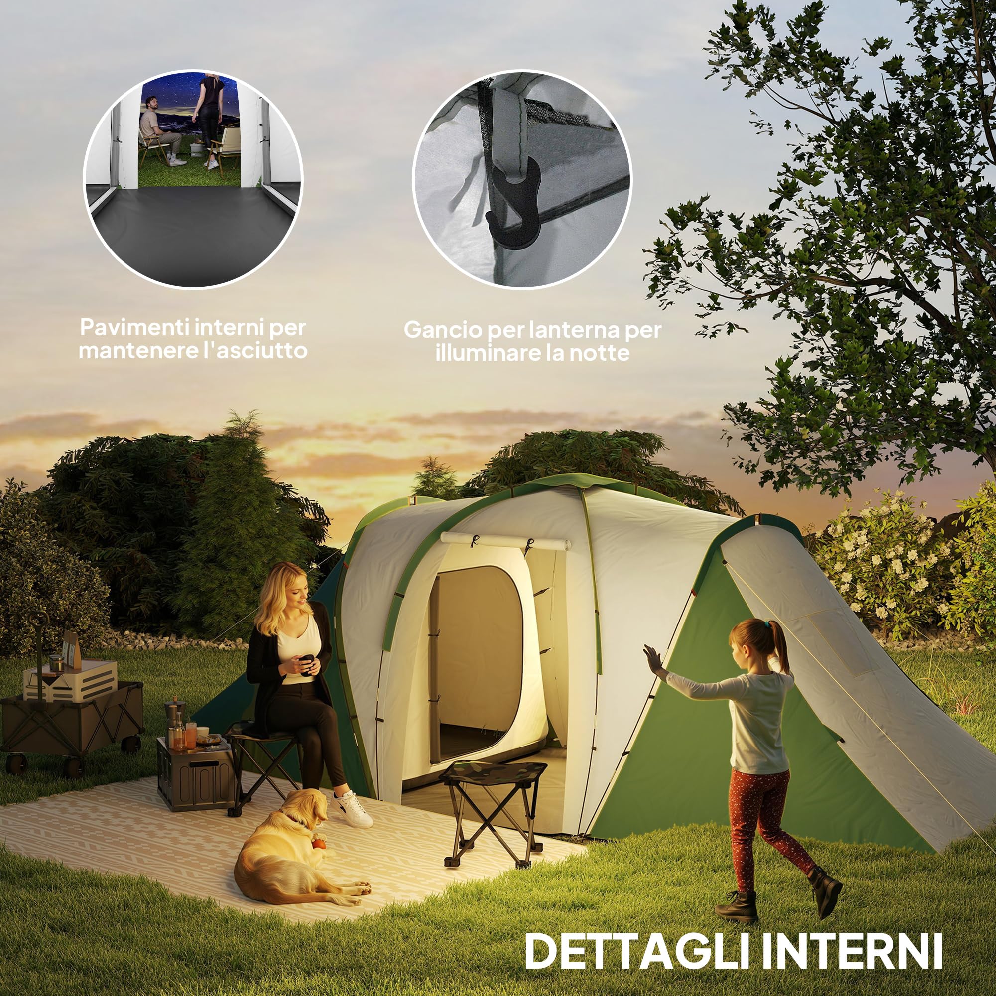 Outsunny Tenda da Campeggio 4-6 Persone con 2 Camere e Zona Soggiorno, Tenda da Esterno a 2 Porte, Resistente all'acqua e ai Raggi UV, con Borsa da Trasporto, 555x225x190 cm, Grigio e Verde