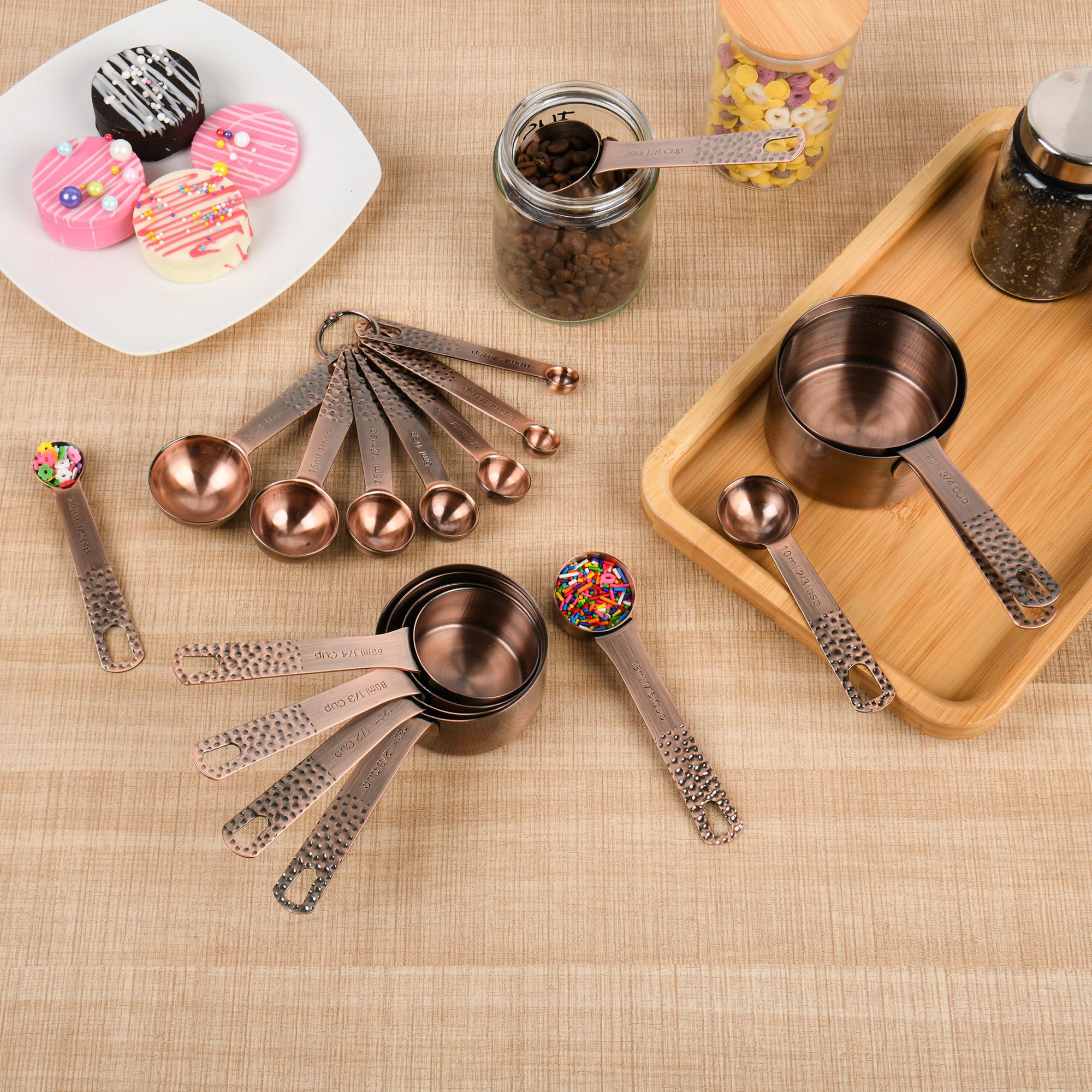 Kupfer-Messbecher und Löffel-Set, Edelstahl-Messbecher, Löffel, Metall, metrisch und US 8 Messbecher, 9 Kicthen Messlöffel & Nivellierer für Backen und Küche