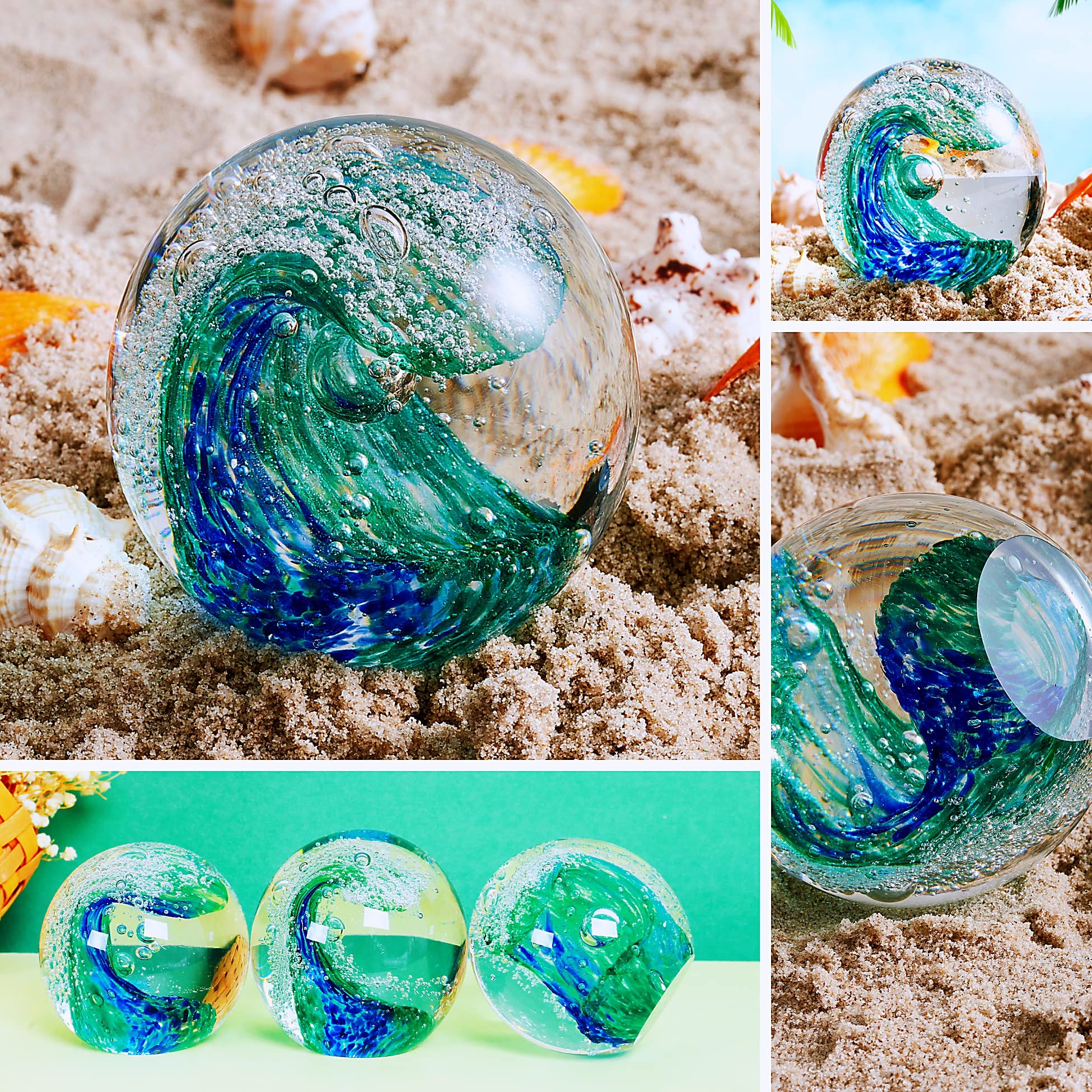 EUSTUMA Statuetta in vetro soffiato a mano con onde oceaniche, palla di vetro fermacarte, decorazione per la casa e l'ufficio per gli amanti dell'acquario