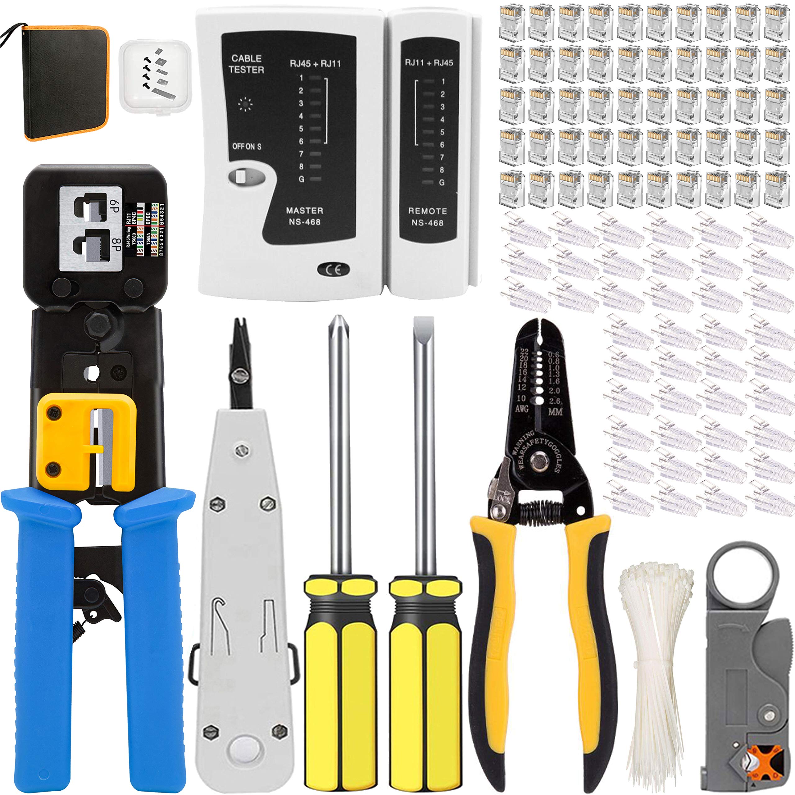 LEATBUY Network Tool Kit Set, Cable Tester Repair Tools Wire Stripping Cutter, Coax Crimper Plug Crimping, Punch Down RJ11 RJ45 Cat5 Cat6 Wire Data Detector Stripper (Blue), DRED-63S