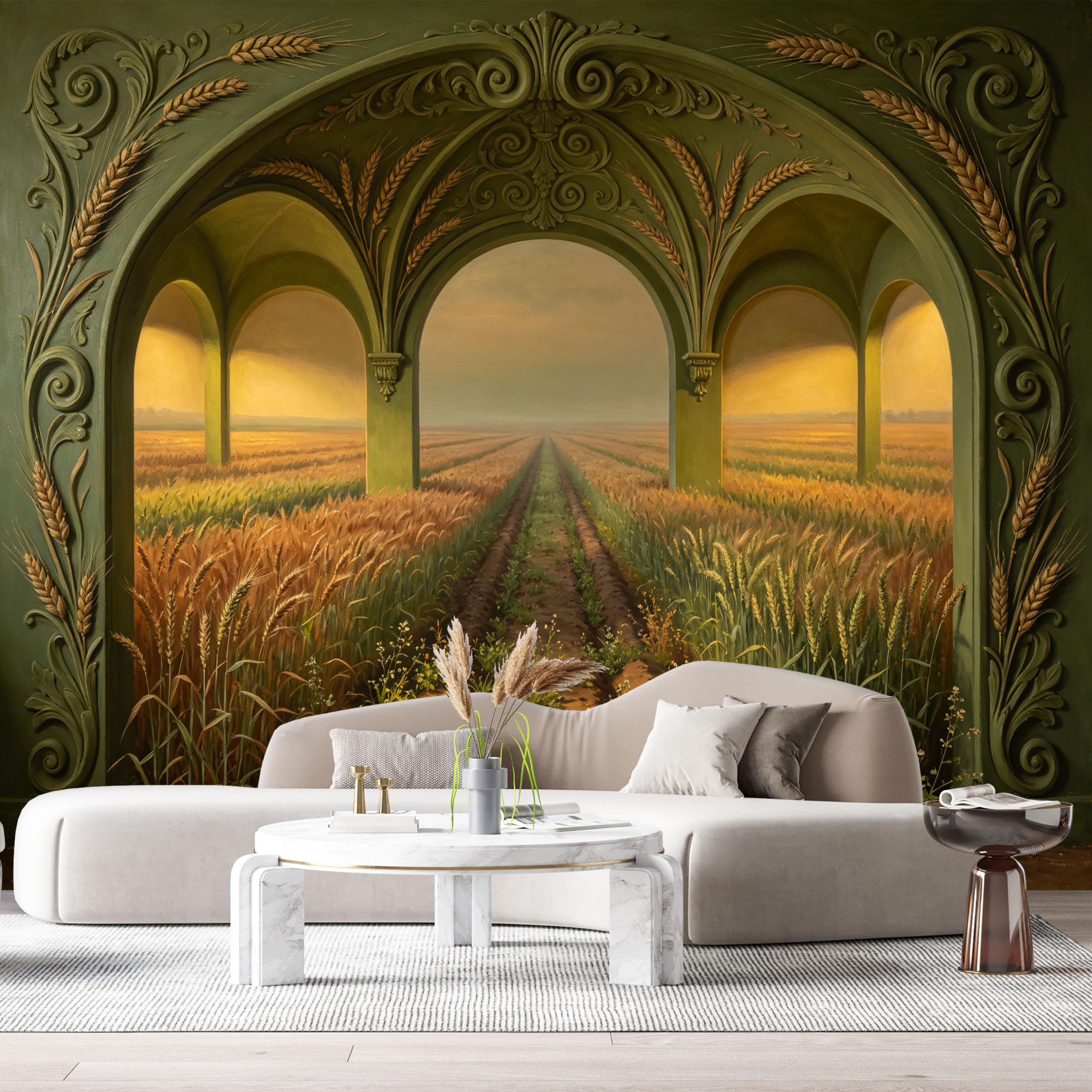 Custom Size Wall Murals Surreal Landscape Golden Wheat Field Stone Archway Oil Painting 3D Trompe L'Oeil SelfAdhesiveWall Fabric Removable Wallpaper Wall Decor for Living Room Bedroom