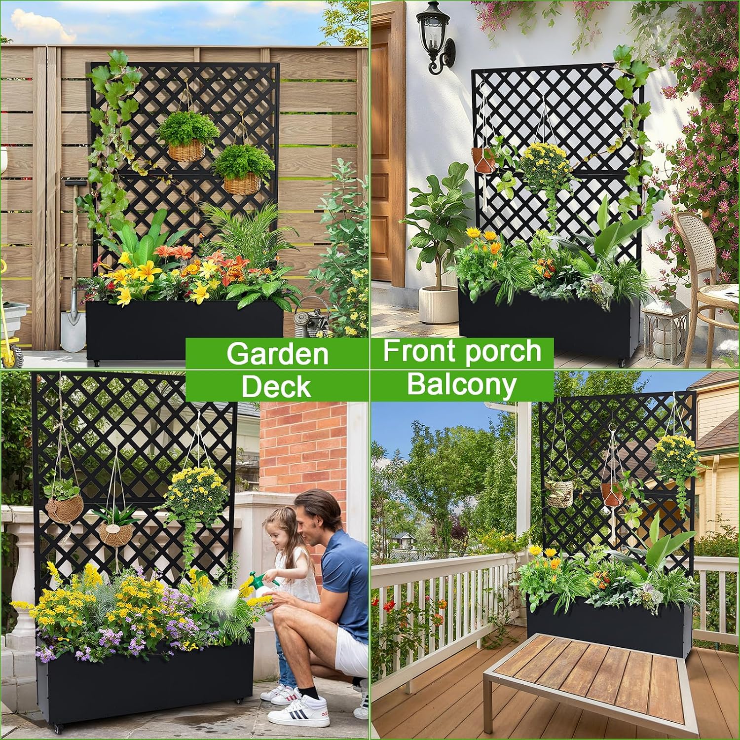 Garvee Metal Planter Box with Trellis, 72.83"x46.46"x11.81" Raised Garden Beds with Trellis and Wheels for Climbing Plants Vegetables, Privacy Screen Planter Box with Drainage Holes for Patio Balcony