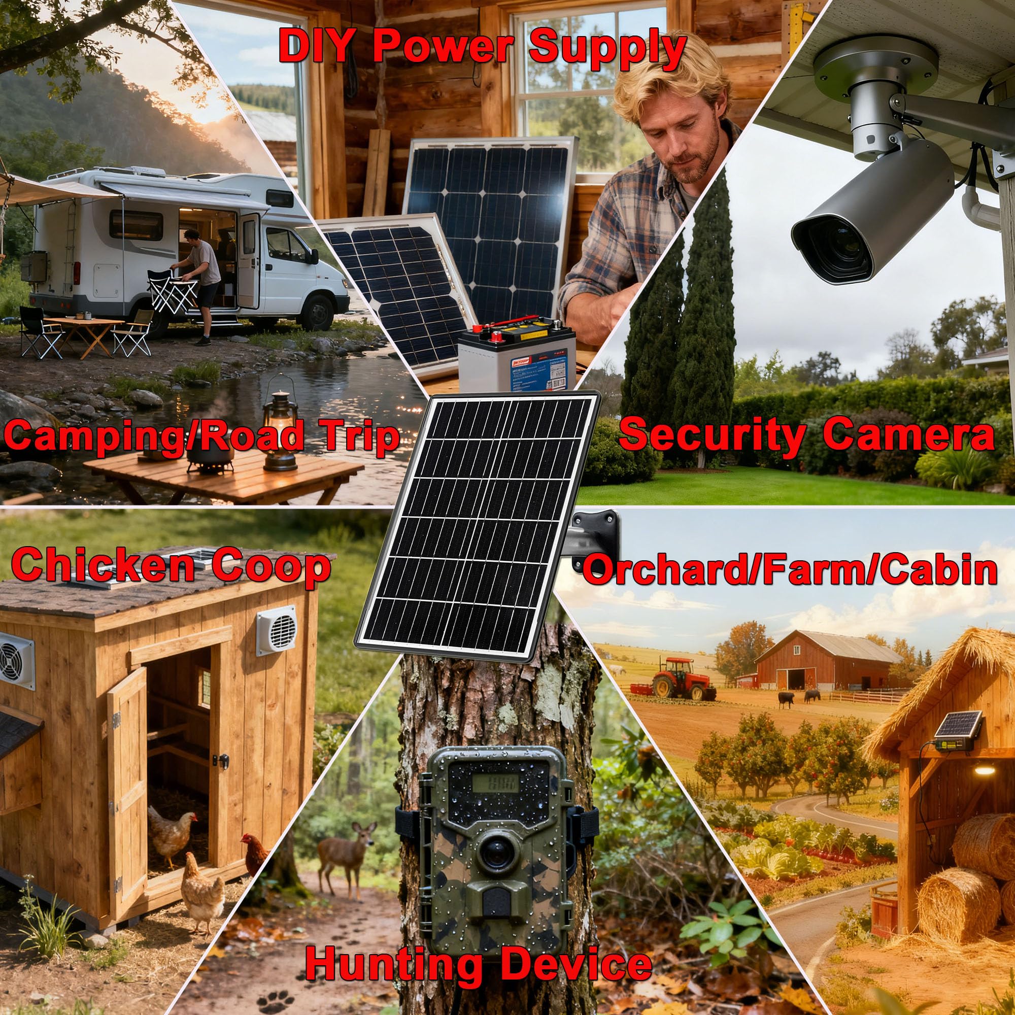 Kit de panel solar de 15 W con batería integrada de 16000 mAh. Voltaje: 5 V/6 V/9 V/12 V. Corriente: 1,5 A. Cuenta con puertos USB-C, Micro-USB y CC de 2,1/1,7/1,35 mm. Compatible con todas las