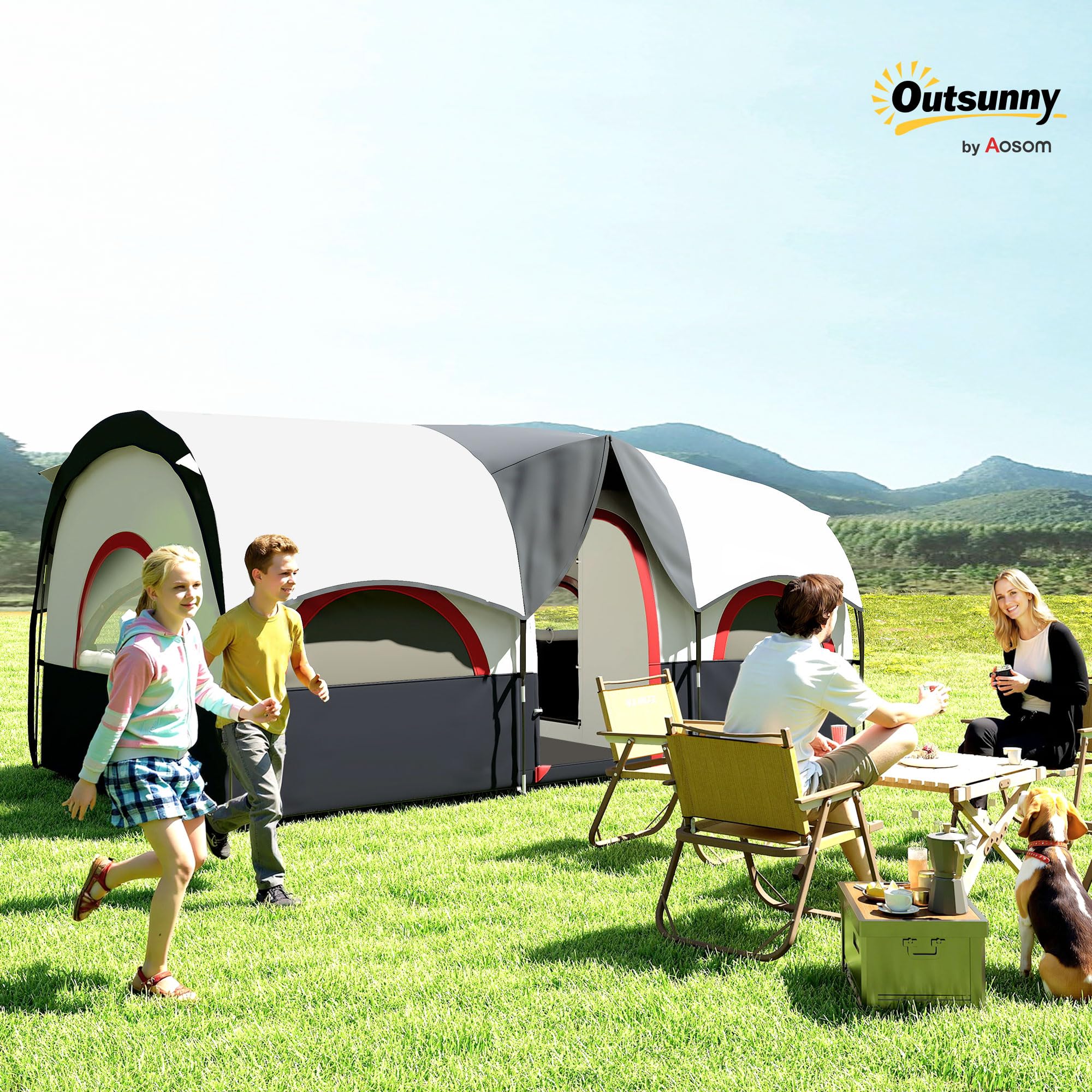Outsunny Tente de camping familiale type tunnel pour 4-6 personnes imperméable 3000 mm Tente de camping pliable avec 2 chambres Sac pour randonnée 435 x 251 x 195 cm