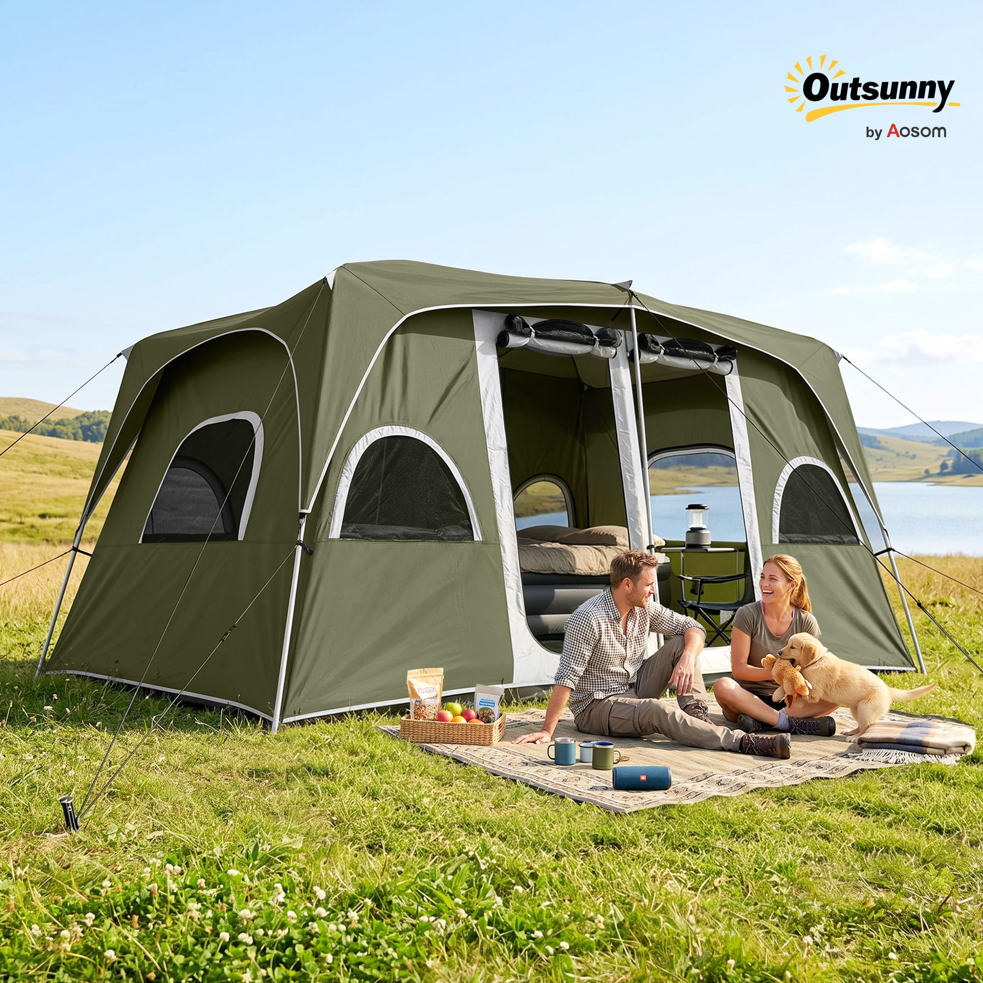 Outsunny Tente familiale 4-8 Personnes avec 2 Chambres Grande Tente de Camping avec 2 Poches et fenêtres en Maille imperméable 400x275x210 cm Vert