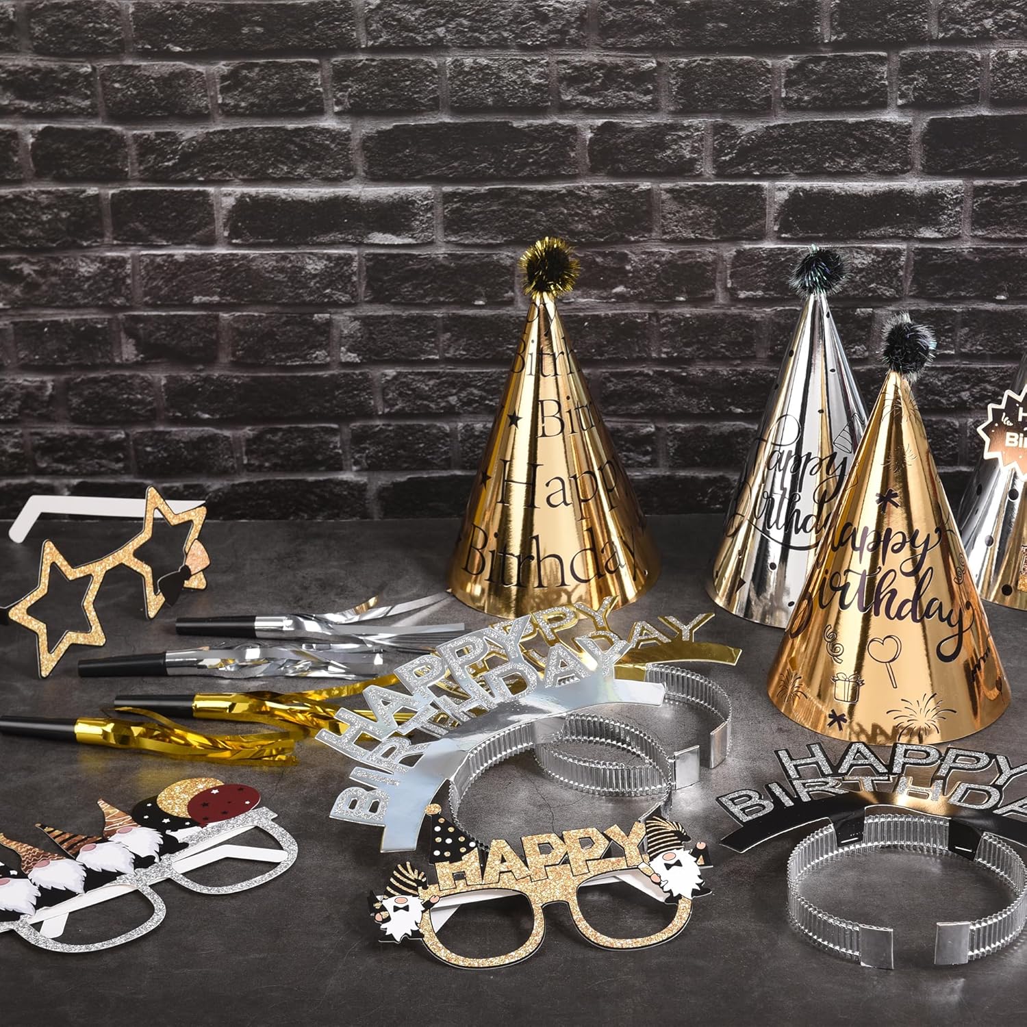 36 Pcs Black Golden Birthday Party Hats Set Includes 6 Party Cone Hats 6 Birthday Headband 12 Paper Glasses 12 Noise Makers Party Supplies for Photo Booth Props - Image 2