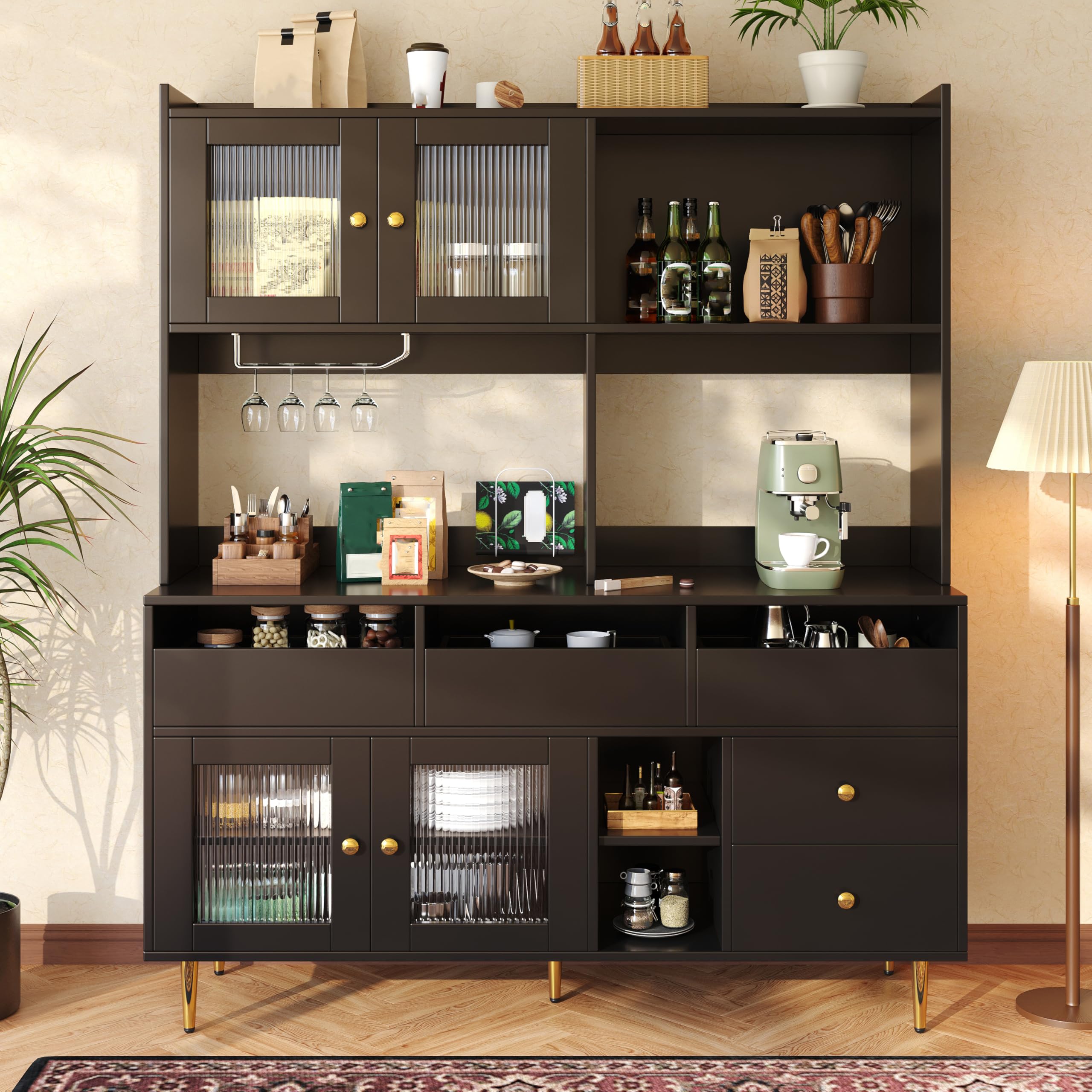Armario Alto 145x39x171 cm con Puerta de Cristal cajones botellero estantes Abiertos Buffet para salón Comedor restaurantes aparador armarios de almacenaje Negro