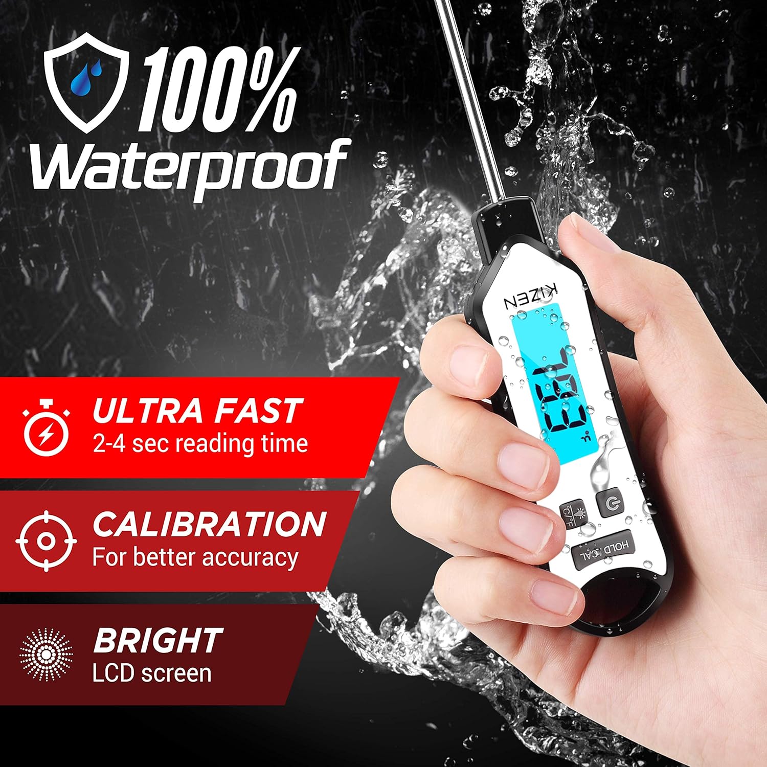 Kizen IP109 Waterproof Meat Thermometer with Long Probe Digital Instant Read Food Thermometer for Grilling Smoker BBQ Kitchen Cooking Candy Thermometer with Calibration (Black): Home & Kitchen