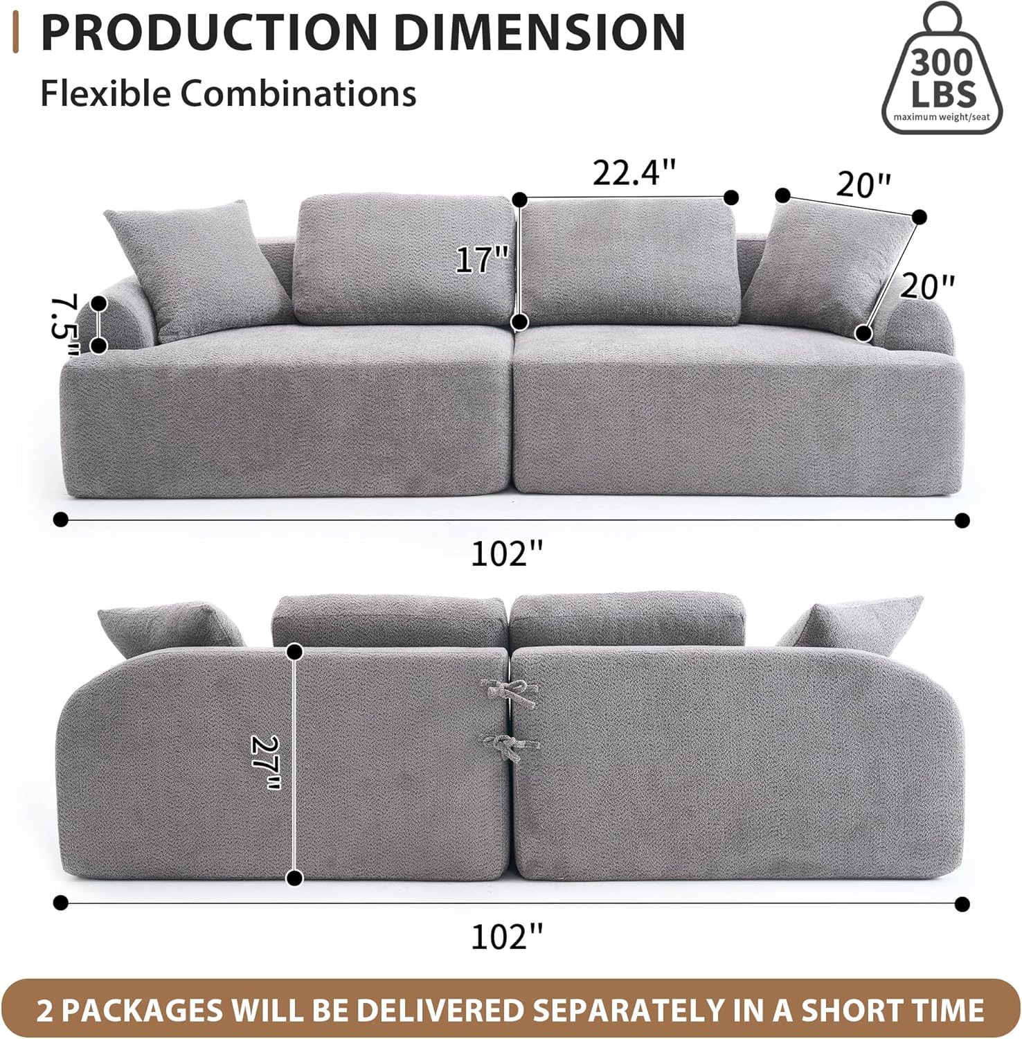102 Inch 4 Seater Cloud Couch,Compression Modular Sectional Sofas,Crochet Yarn Fabric Couches with 4 Pillows, Free Combined Sofa for Home Living Room Office