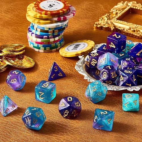 Miniatura 4 de Juego de 2 dados poliédricos de 11 dados multicara, tacto suave con bolsa de cordón, compatible con dados de juego de mesa DND RPG MTG, 22 piezas