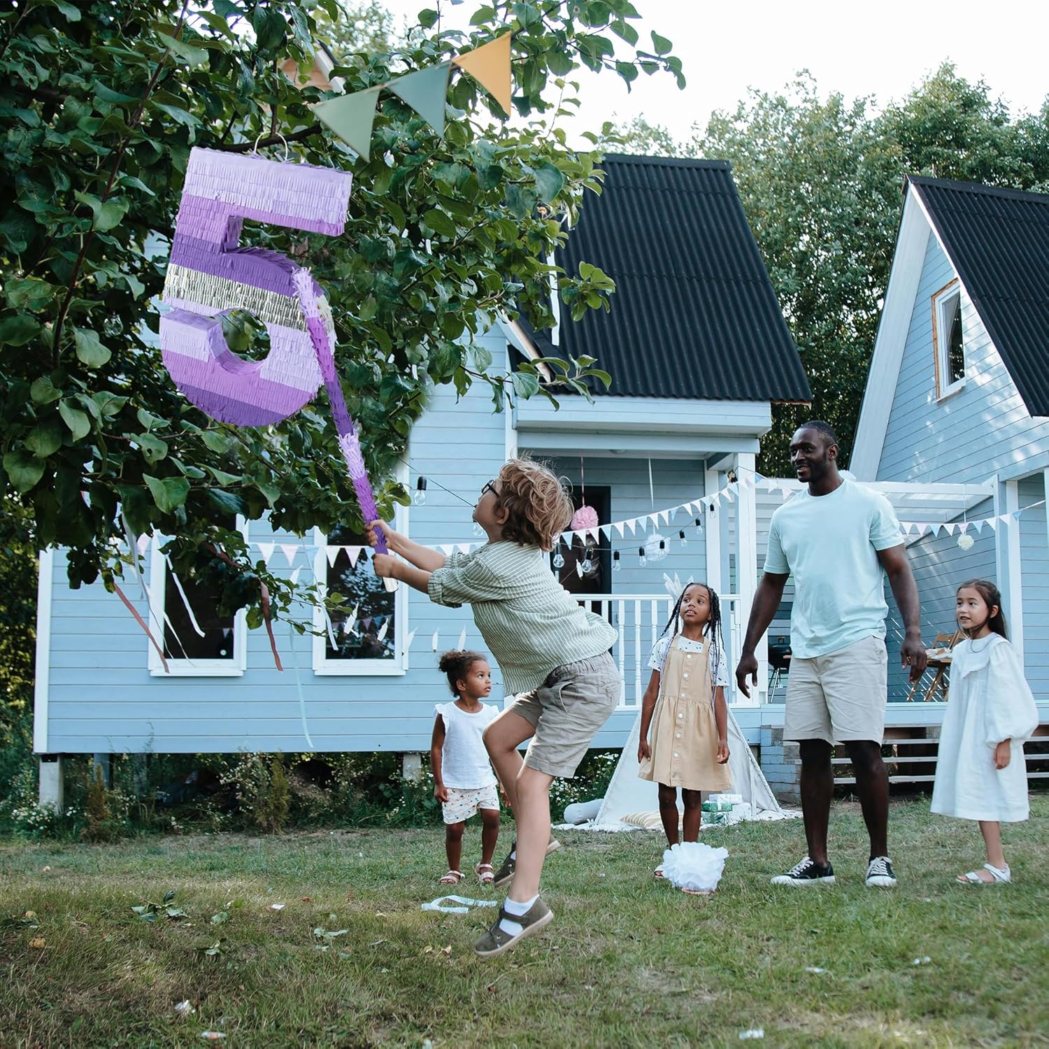 PCFING 20 Inch Number 5 Piñata Purple Silver with 30 Inch Piñata Stick Blindfold Confetti for Boy Girl Kids Birthday Party Decorations, Anniversary Celebration, Fiesta