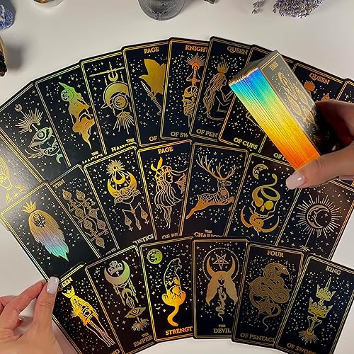 Miniatura 5 de Mistyc - Cartas de tarot minimalistas con lámina de arco iris, 78 baraja de tarot con bordes dorados, para principiantes y expertos con guía (negro)