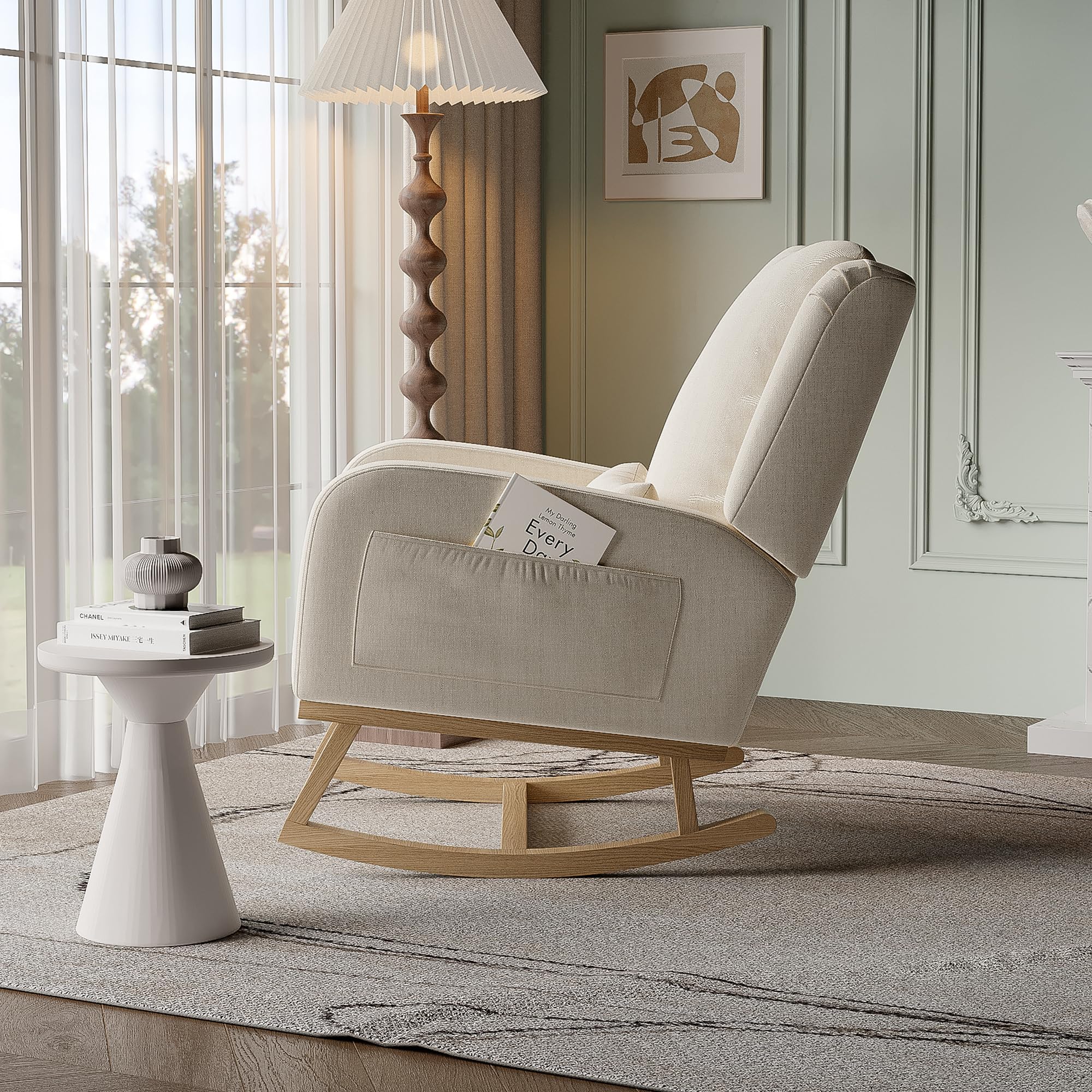 Poltrona da Lettura a Dondolo Interni Con Braccioli e Tasche Laterali, Morbido Lino Beige per Allattamento (Tasche Laterali, Beige)