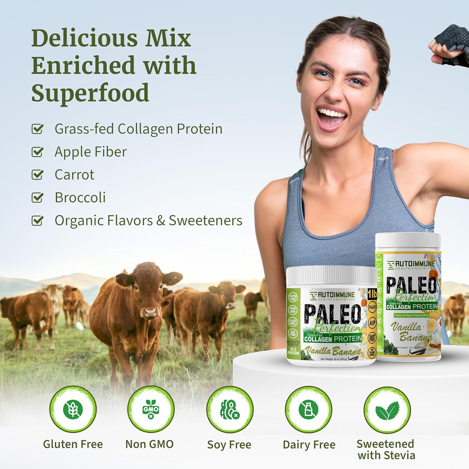 Paleo Perfection Double Chocolate Grass Fed Beef Collagen Protein Powder with Stevia - Paleo, Keto, SCD, AIP Protein Powder with Apple Fiber, Carrot & Broccoli - Protein Powder & Superfood Blend