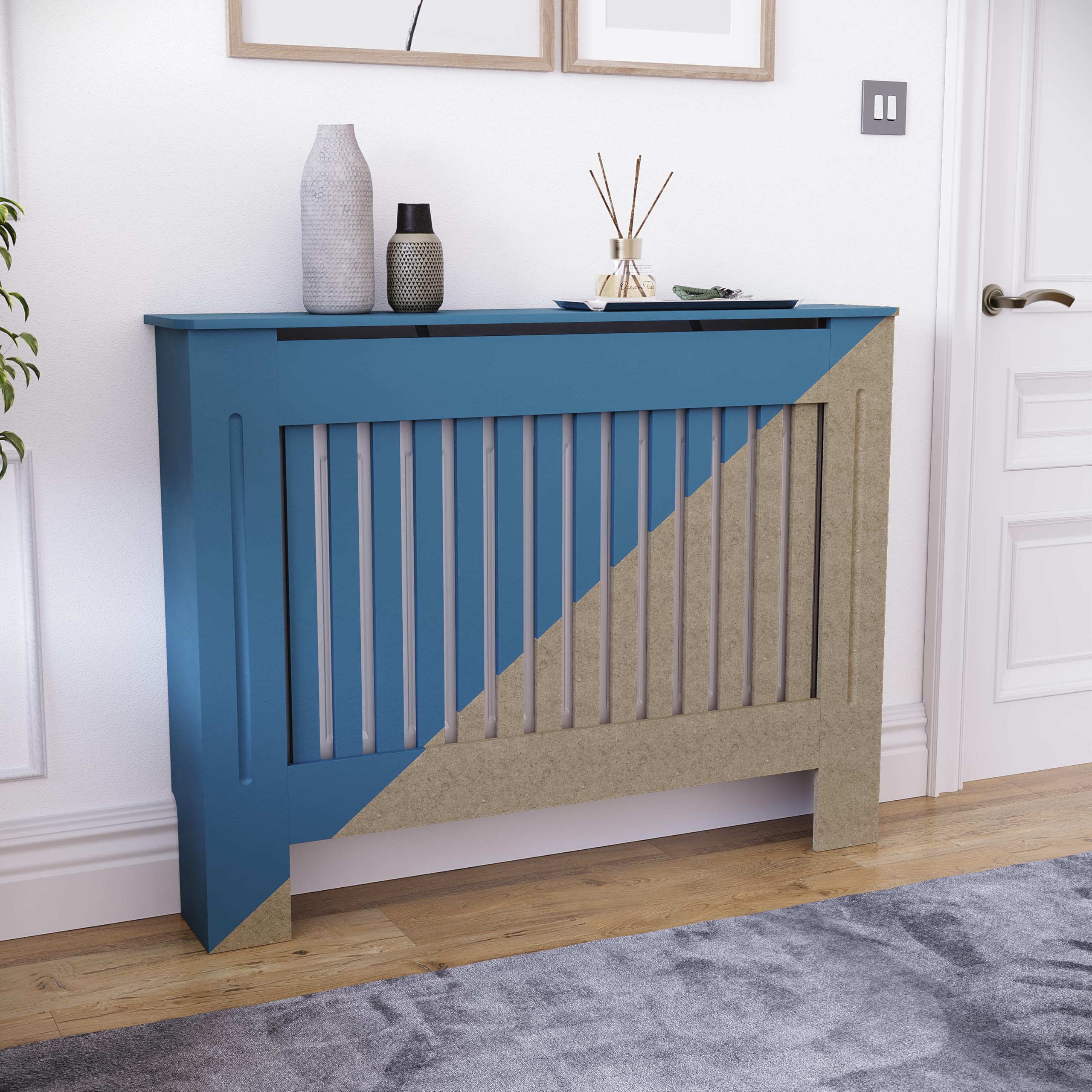 Vida Designs Chelsea Heizkörperabdeckung Unfinished - Mittel - Modernes vertikales Lamellendesign für optimale Wärmeverteilung - H82xW112xD19cm - Unlackiertes MDF-Möbel Ideal für Wohnzimmer und Flur