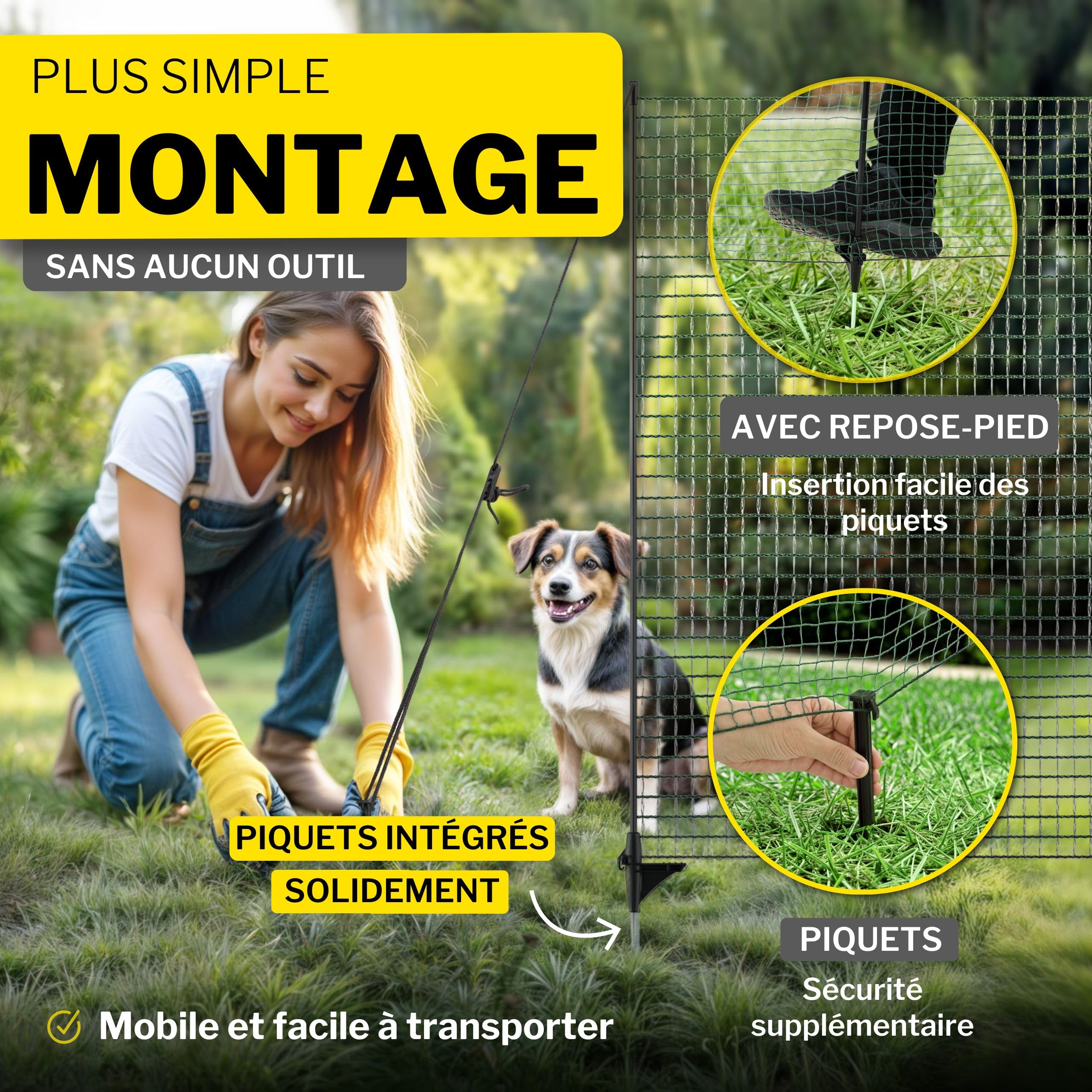 horizont clôture jardin FIX 20 m x 90 cm à mailles serrées avec 12 piquets – clôture chien, clôture amovible jardin, filet poule, barrière jardin, clôture potager, filet clôture chien
