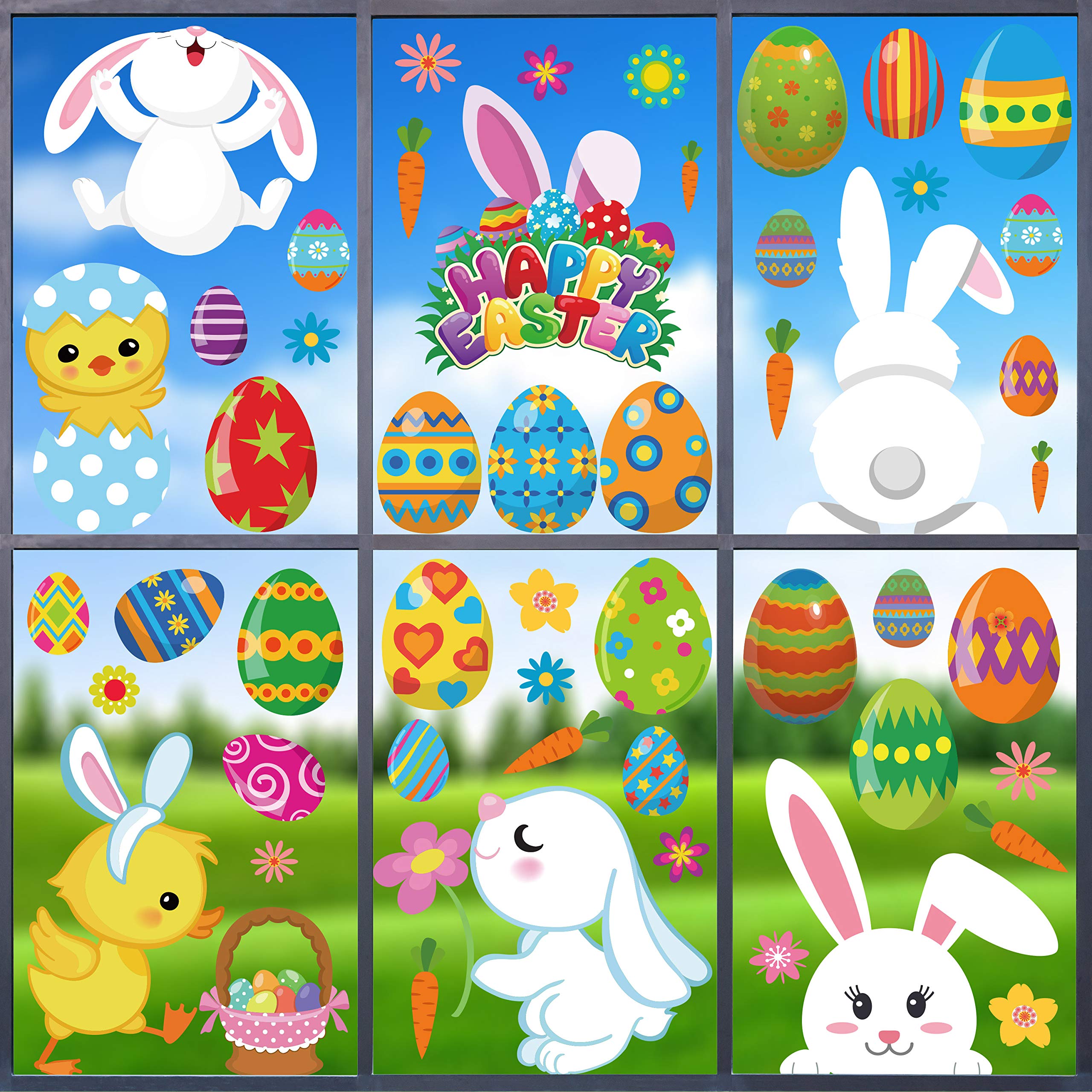 120pcs Easter Window Clings Stickers for Home Decoration, Easter Egg Large Bunny and Chick Carrot Window Decals Stickers for Home Office Accessories Party Supplies