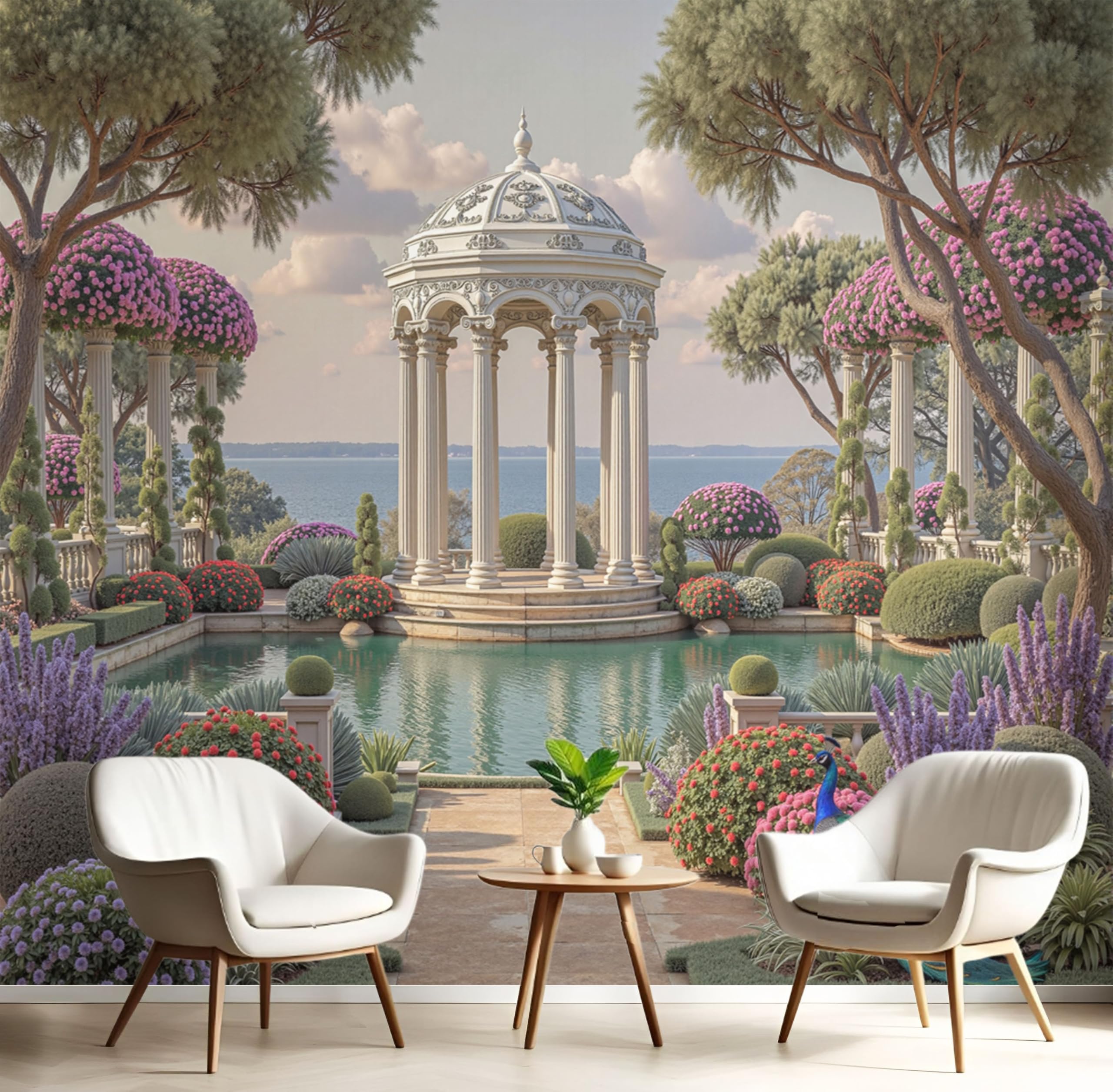 Papier peint panoramique jardin grec avec paysage vegetal retro vert olive