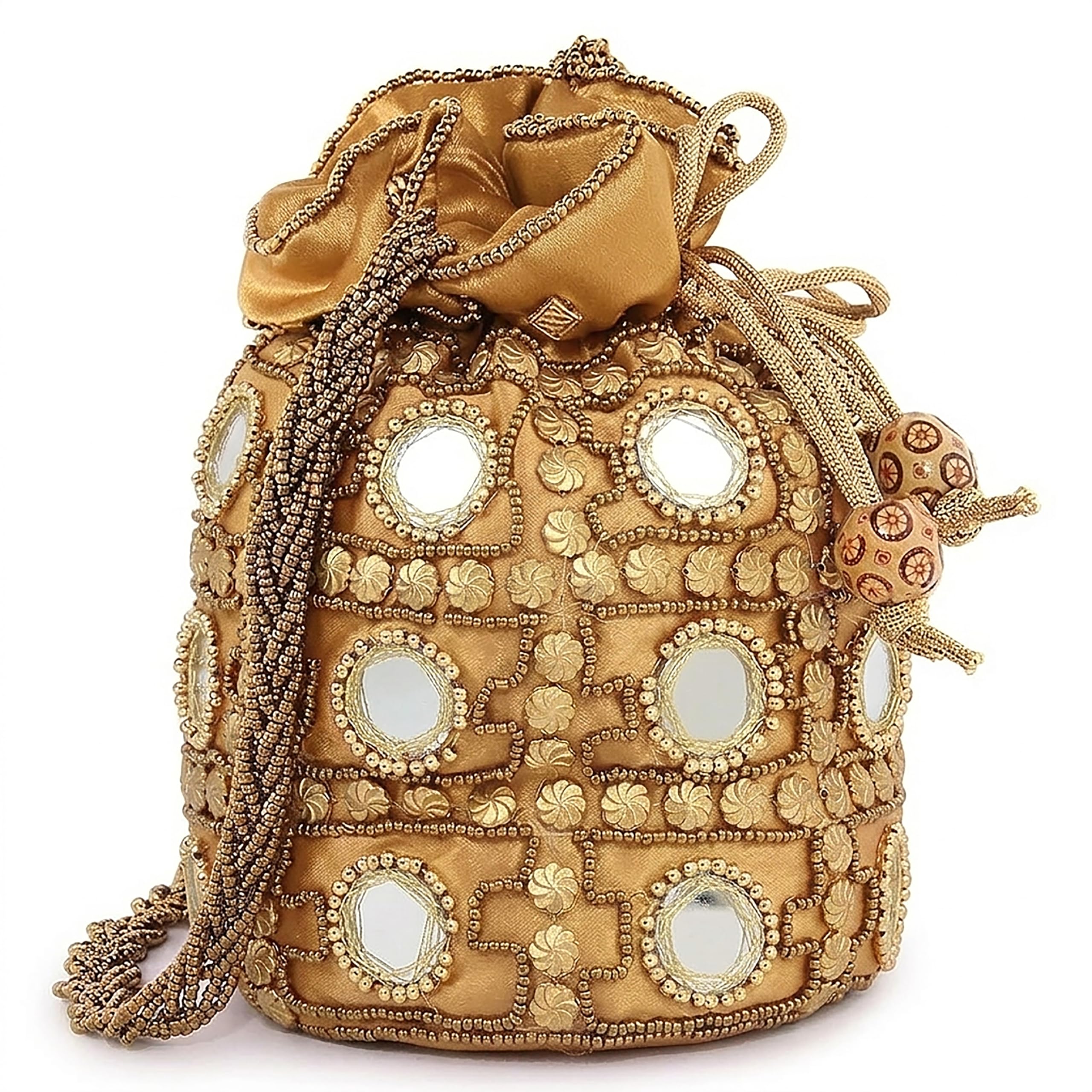Presents Designer Rajasthani Style Royal Clutch Silk Potli Batwa Bag with Beads Work Bridal Purse with Gota Patti Pottly Purse Women handbag Fancy Potli Bags (Gold)-image-24