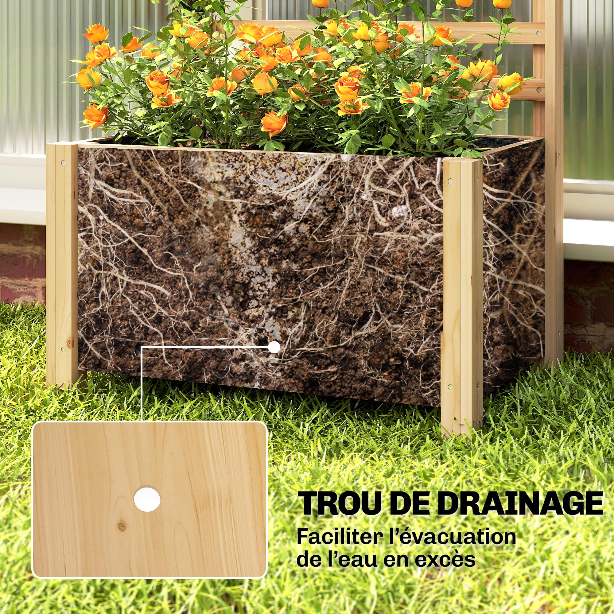 Outsunny Jardinière avec Treillis Drainage 60 x 39 x 120 cm Bois Naturel | Bac à Fleurs, Lit Surélevé avec Brise-Vue, Doublure Intérieure, pour Plantes Grimpantes, Légumes, Fleurs