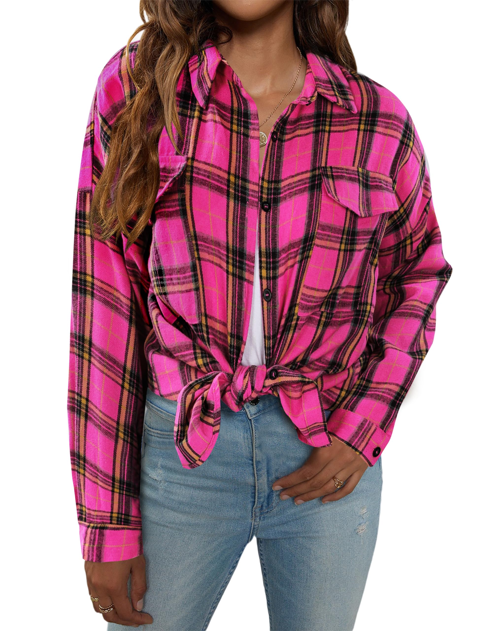 Blooming Jelly Women's Button Down Flannel Shirts Plaid Shacket Long Sleeve Collared Business Casual Tops Work Blouses