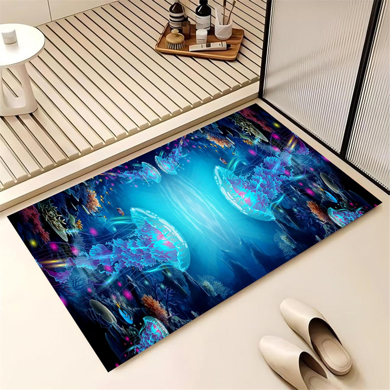 3D Jellyfish Printed Runner Rug, 2x3cm Non-Slip Blue Ocean Theme Hallway Carpet, Machine Washable Kitchen Bedroom Floor Mat, Underwater Marine Life Decor for Living Room & Bathroom
