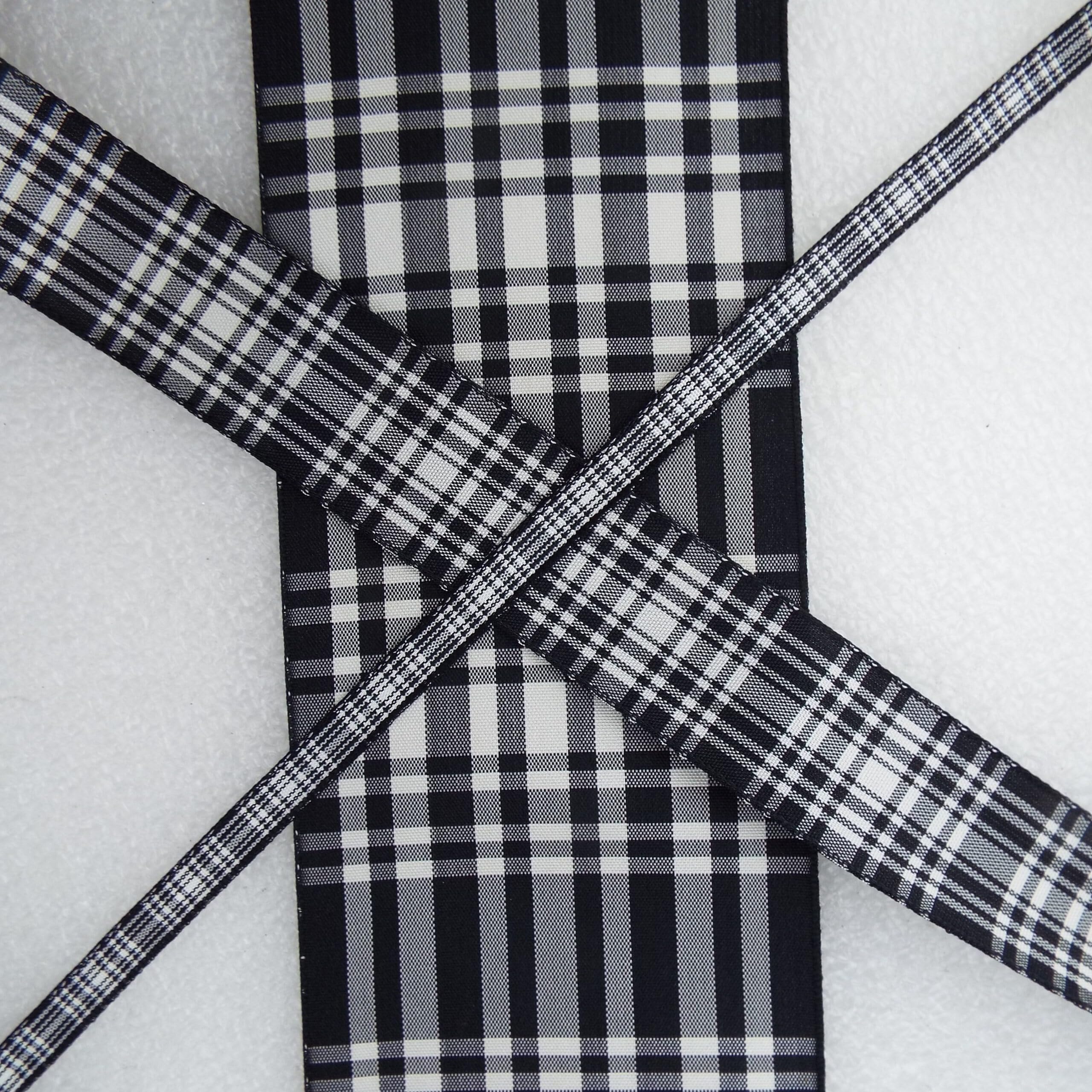 Menzies Tartan Ribbon Black White Scotland Clan 06 061D, 7mm, 4 Metres